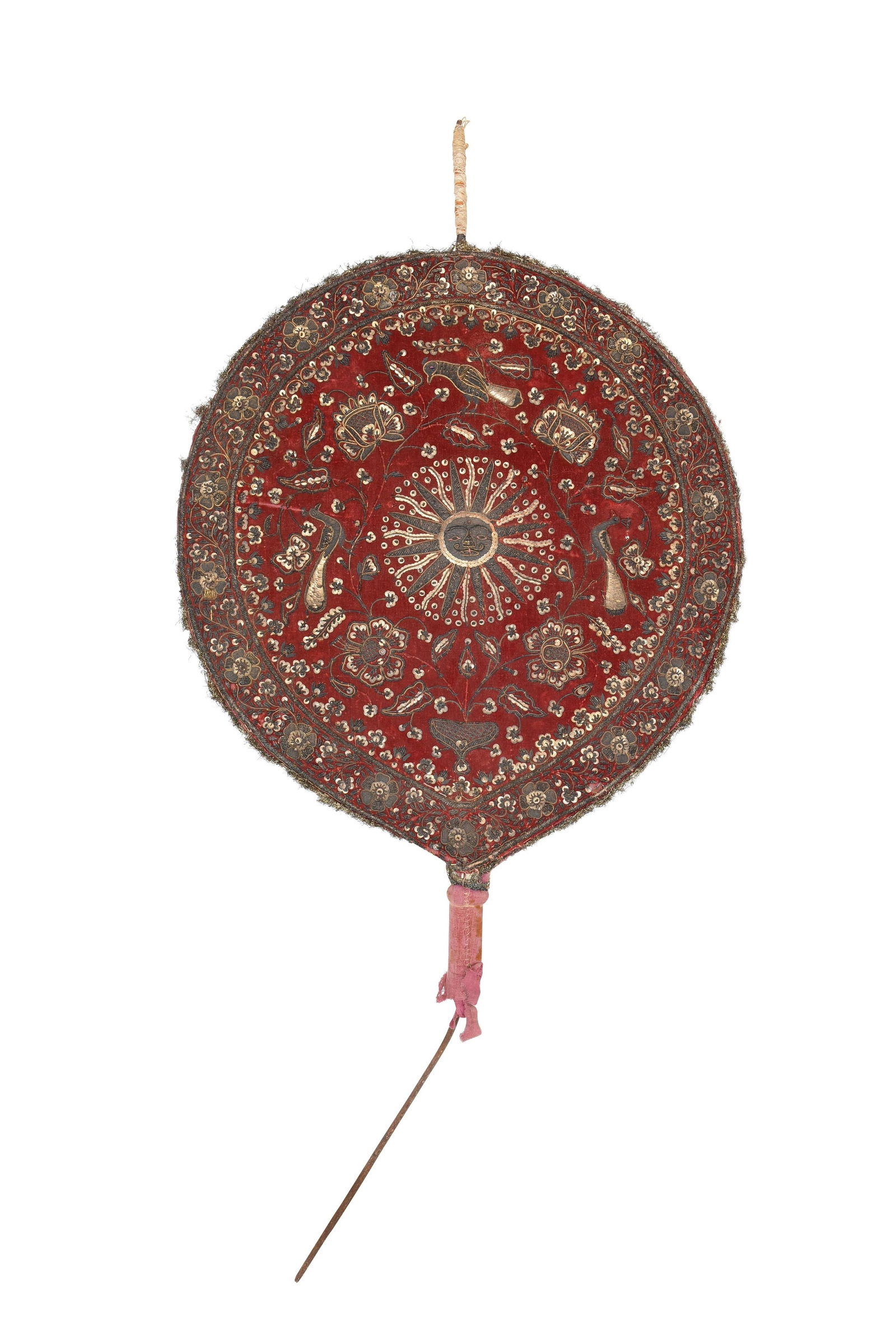 A FINE INDIAN METAL THREAD-EMBROIDERED RED VELVET PROCESSIONAL PARASOL (1 of 13)