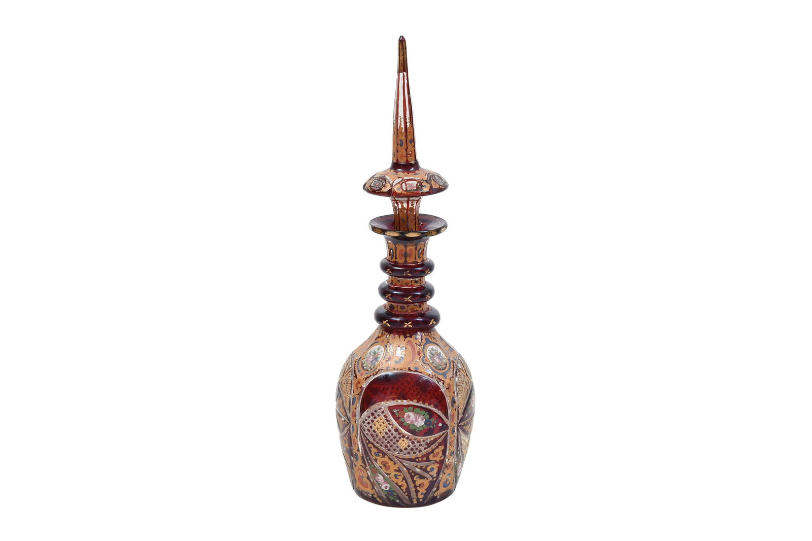 AN INTACT RED AND GILT BOHEMIAN URANIUM CUT-GLASS SPIRIT DECANTER FOR THE IRANIAN EXPORT MARKET (1 of 9)