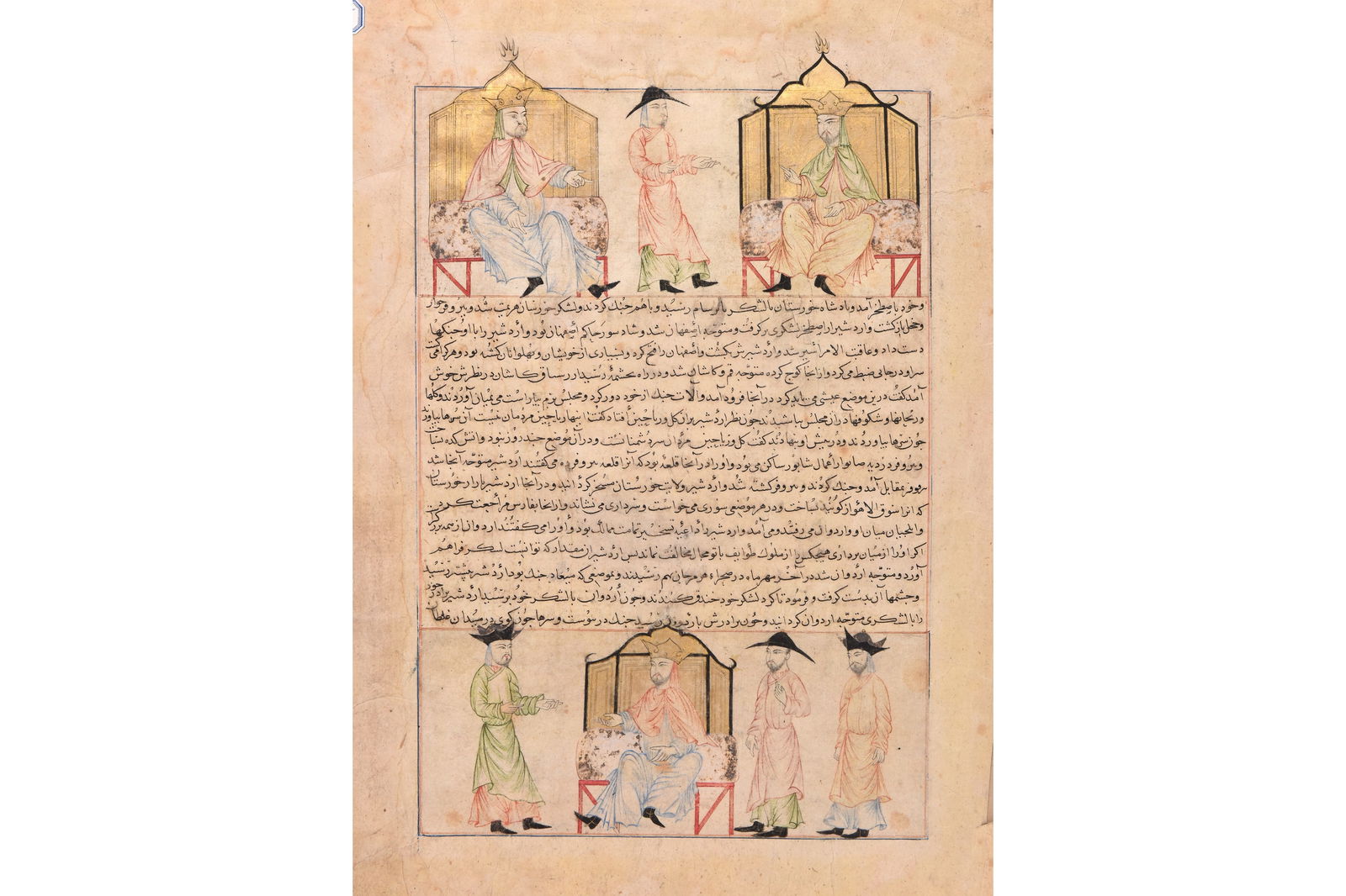 A LOOSE ILLUSTRATED FOLIO FROM THE MAJMA’ AL-TAWARIKH BY HAFIZI-I ABRU (D. 1430) The text, Timurid: A LOOSE ILLUSTRATED FOLIO FROM THE MAJMA’ AL-TAWARIKH (ASSEMBLY OF CHRONICLES) BY HAFIZI-I ABRU (D. 1430)PROPERTY FROM THE LATE ÉMILE TABBAGH'S COLLECTIONThe text, Timurid Herat, Afghanistan, ca. 1