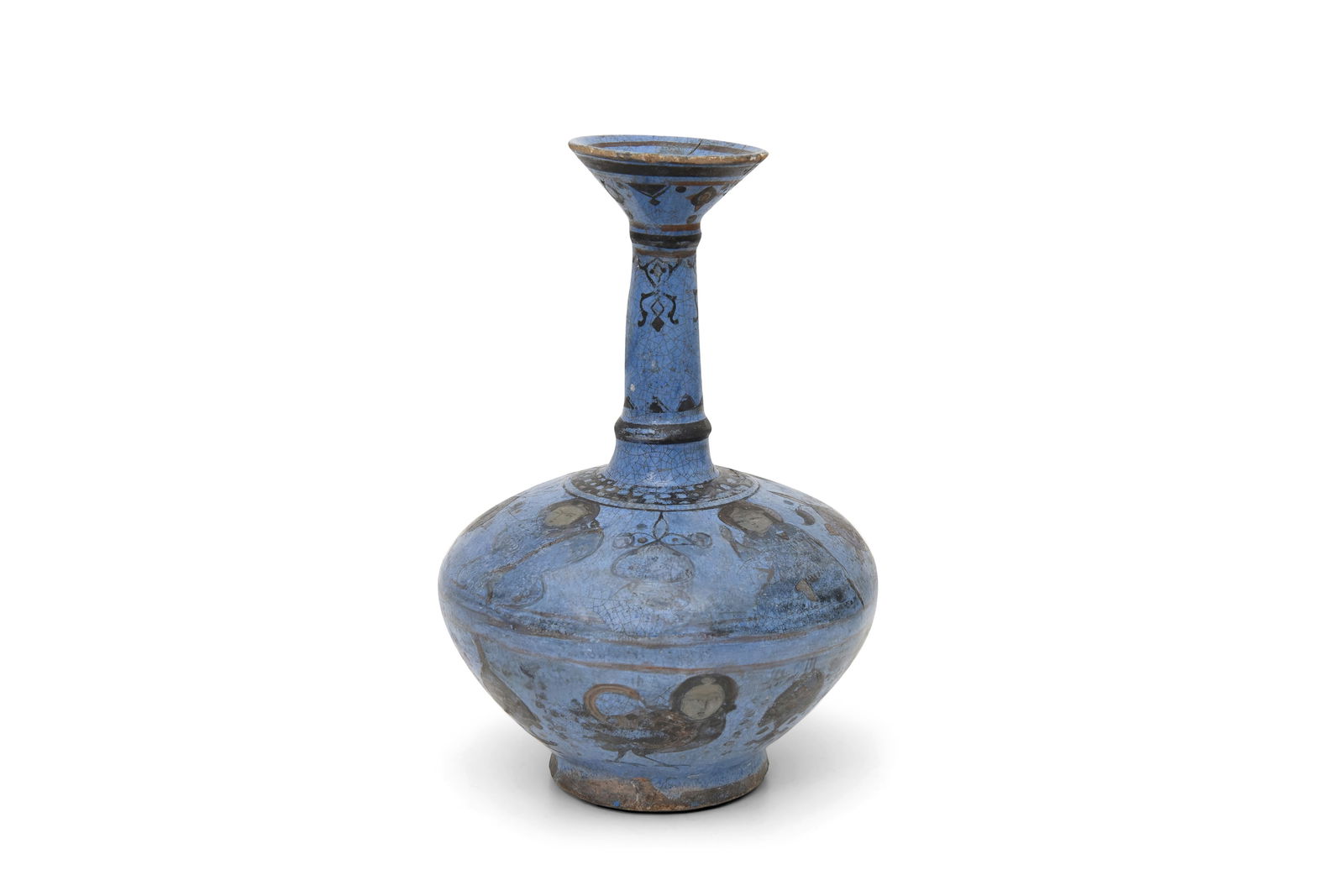 A BLUE-GLAZED POLYCHROME-ENAMELLED MINA’I POTTERY BOTTLE Kashan, Iran, ca. 1180 - 1220 (1 of 7)