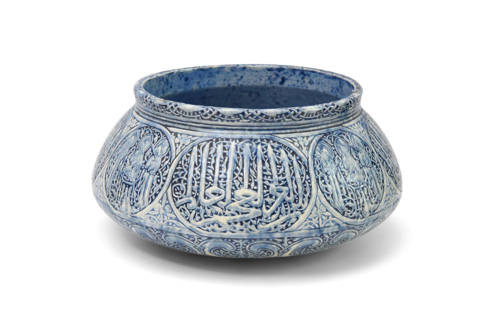 A FARS-STYLE ISLAMIC REVIVAL THEODORE DECK POTTERY BOWL Paris, France, 19th century: A FARS-STYLE ISLAMIC REVIVAL THEODORE DECK POTTERY BOWLParis, France, 19th century Of compressed rounded shape, with a convex base, sloping shoulders, and a short, circular rim, moulded and glazed in