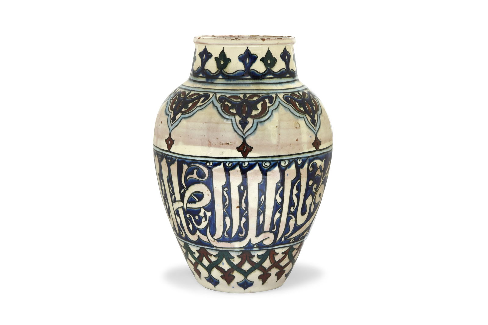 A POLYCHROME-PAINTED POTTERY VASE WITH THULUTH CALLIGRAPHY Possibly Palestine or Syria, late 19th -: A POLYCHROME-PAINTED POTTERY VASE WITH THULUTH CALLIGRAPHYPossibly Palestine or Syria, late 19th - early 20th century Of ovoid shape with a tapering base and wide, rounded shoulders, resting on a shor