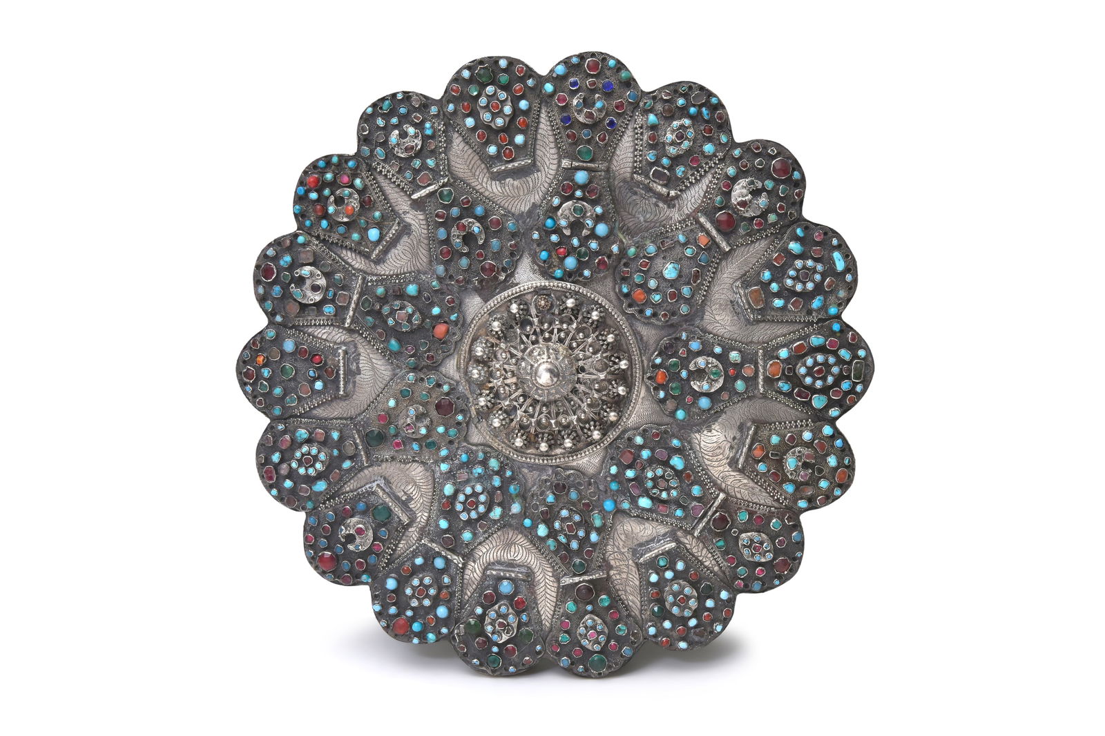 AN OTTOMAN SILVER MIRROR SET WITH TURQUOISE AND GARNETS Ottoman Turkey or Eastern Provinces, 19th (1 of 4)