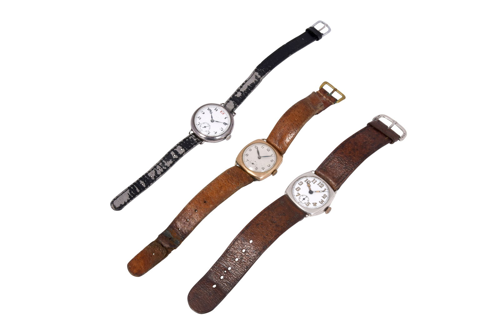 3 TRENCH WATCHES. SILVER AND 9K GOLD. (1 of 5)