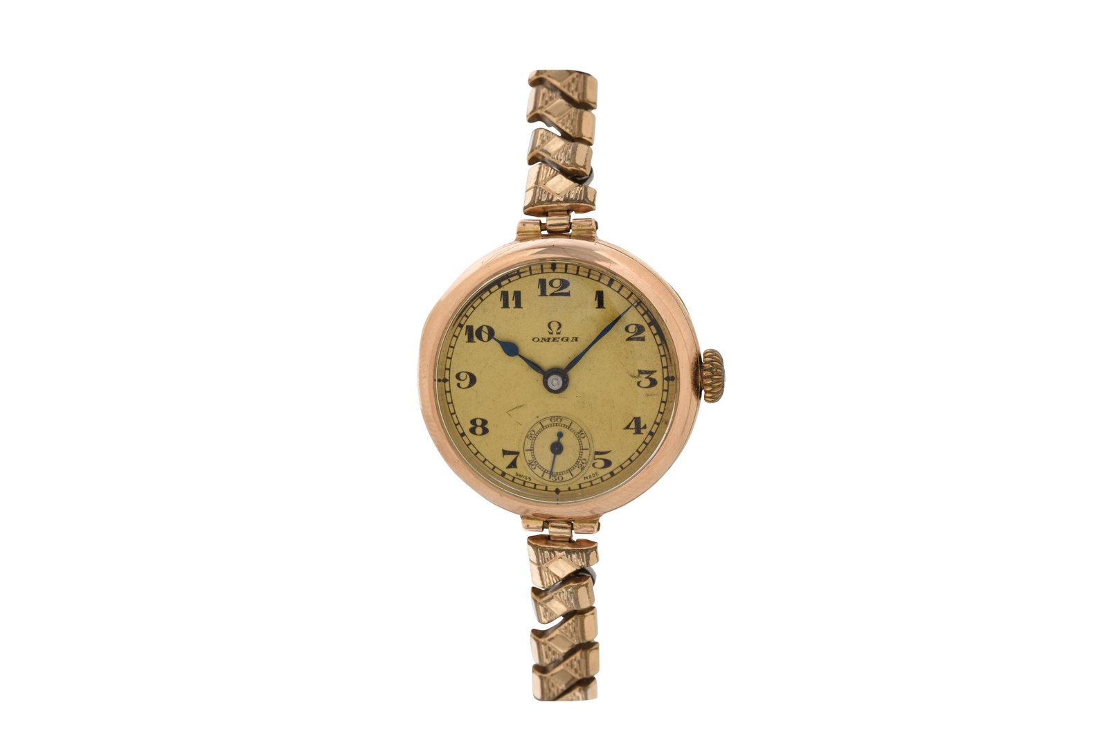 A LADIES OMEGA 9K YELLOW GOLD MANUAL WATCH. VINTAGE COCKTAIL WATCH. VINTAGE COCKTAIL WATCH.: A LADIES OMEGA 9K YELLOW GOLD MANUAL WATCH. VINTAGE COCKTAIL WATCH. Brand: Omega Year: Circa 1930's Movement: Manual Dial: Champagne, black Arabic numera