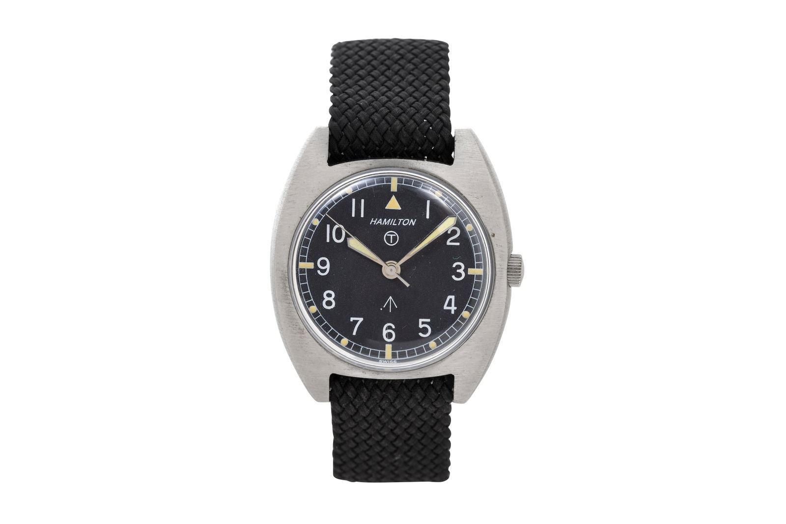 A MEN'S HAMILTON STAINLESS STEEL AUTOMATIC WRISTWATCH. MILITARY. (1 of 6)
