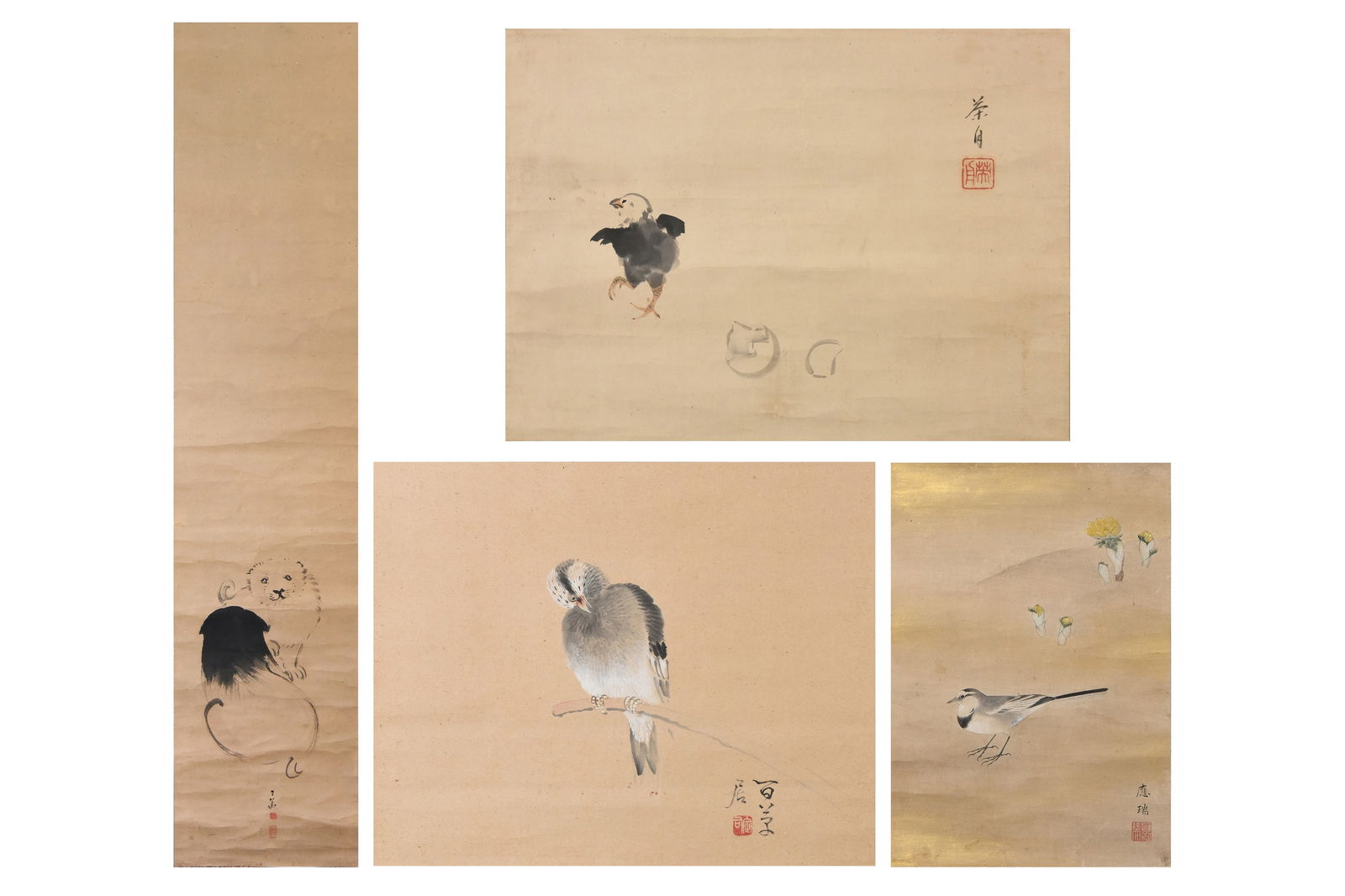 FOUR MARUYAMA SHIJŌ HANGING SCROLL PAINTINGS, KAKEJIKU A Hatchling; Wagtail on the dunes; Bird  (1 of 16)