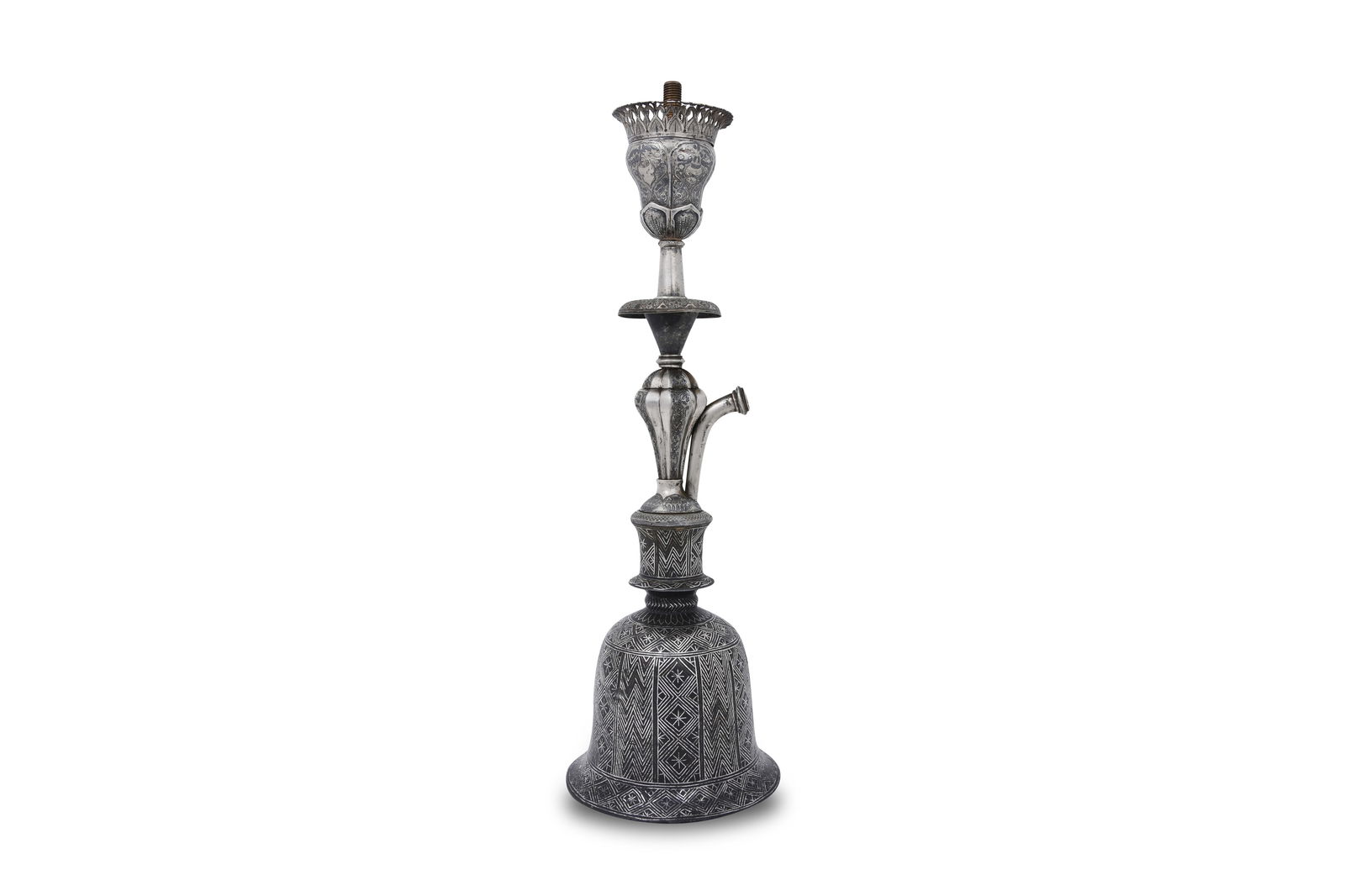 AN INDIAN BIDRI SILVER INLAY HUQQA BASE WITH AN OTTOMAN SILVER AND NIELLO STEM Bidar, Central India (1 of 6)