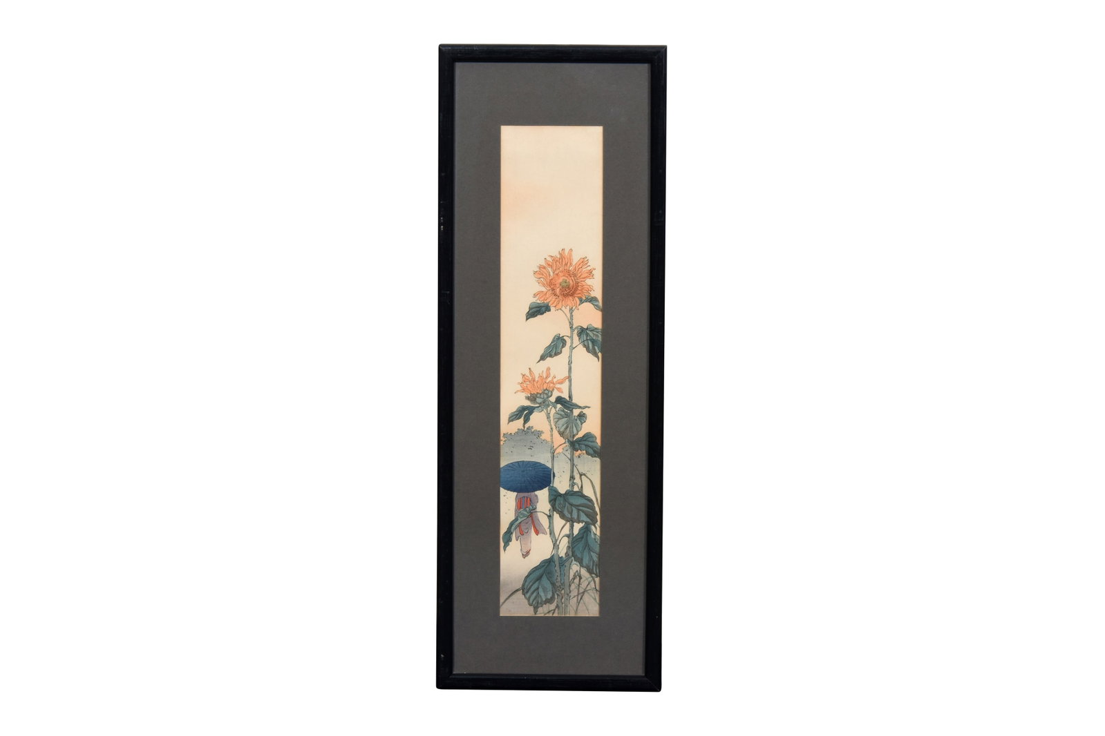 Kōhō Shōda (1877 – 1924) Sunflower: Kōhō Shōda (1877 – 1924) Sunflowers Japan, late 20th century A woodblock print in tanzaku-ban format, framed and glazed Image 36cm x 7cm; total 47.5cm x 16