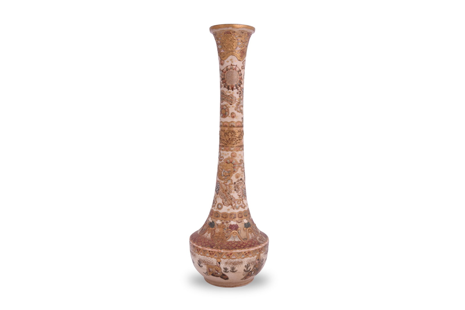 A TRUMPET-SHAPED SATSUMA 'NANAKUSA' VASE Japan, Meiji period: A TRUMPET-SHAPED SATSUMA 'NANAKUSA' VASE Japan, Meiji period The body painted with figures of courtiers in a landscape among pine seedlings, beneath a tall waisted neck with a design of brocade patter