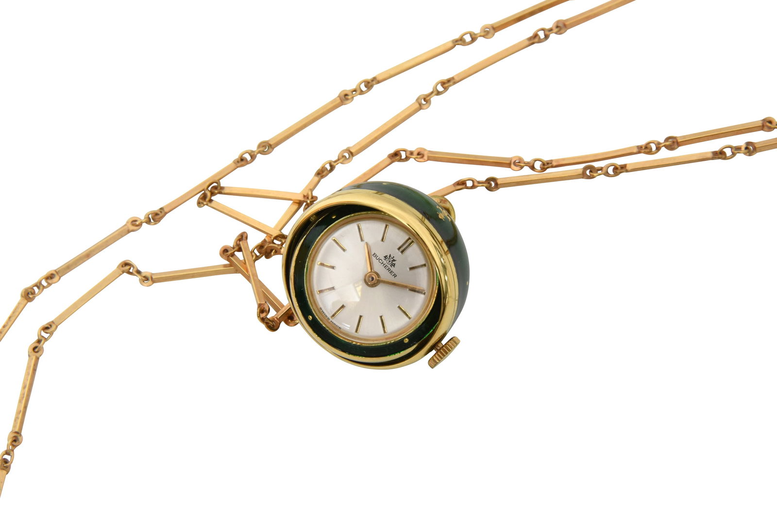 BOUCHERER Guilloche enamel: BOUCHERERGuilloche enamel A striking green guilloché enamel pendant watch by Bucherer, designed in the shape of an egg. The case is adorned with a radiant guilloché pattern, accented with go