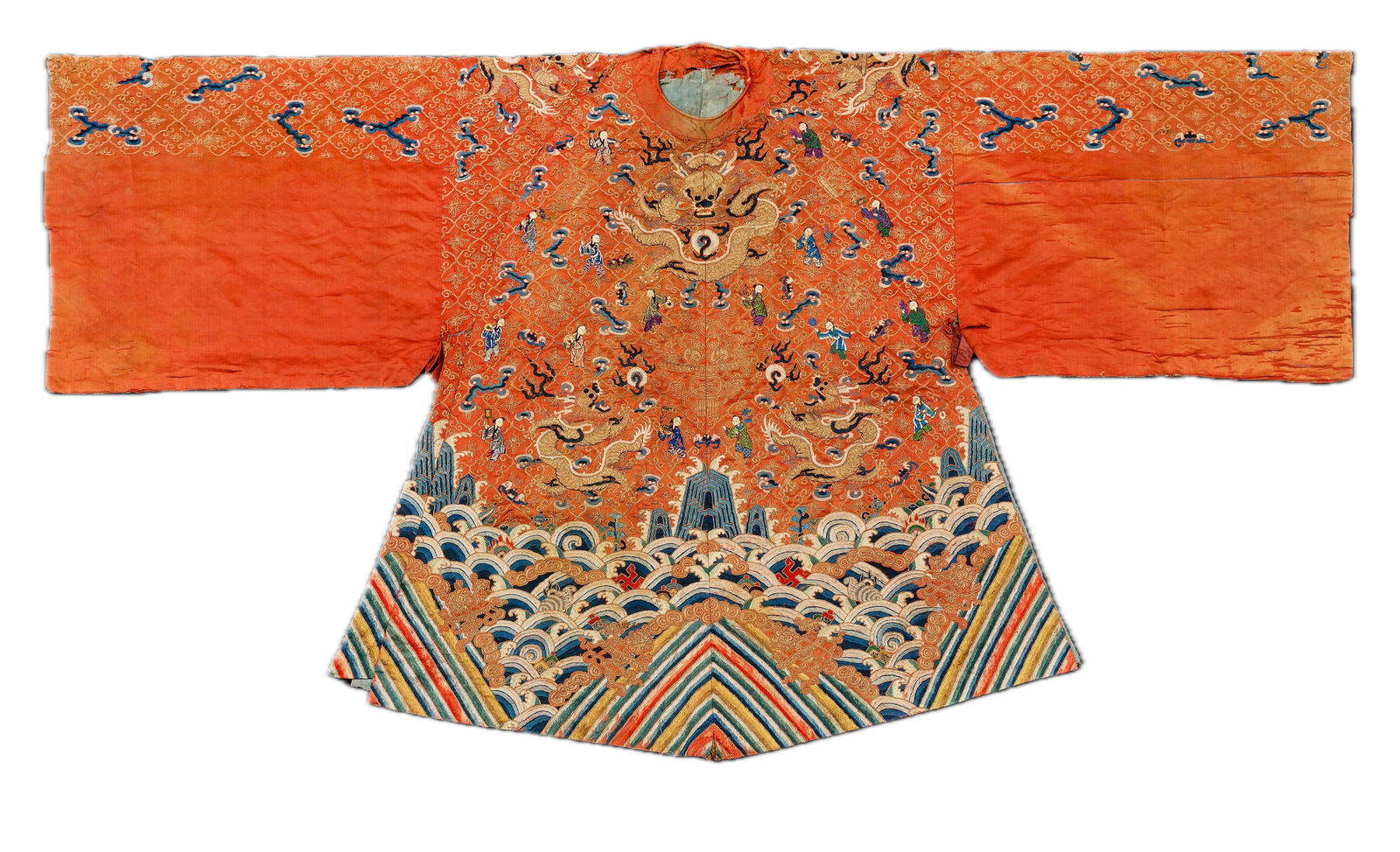 TA 5% Vat. A CHINESE EMBROIDERED WEDDING ‘DRAGON’ RED SILK ROBE Qing Dynasty, 19th century: A CHINESE EMBROIDERED WEDDING ‘DRAGON’ RED SILK ROBE Qing Dynasty, 19th century Worked in silk and gilt thread with ten gold dragons, each in pursuit of a pearl of wisdom, above stylised waves con