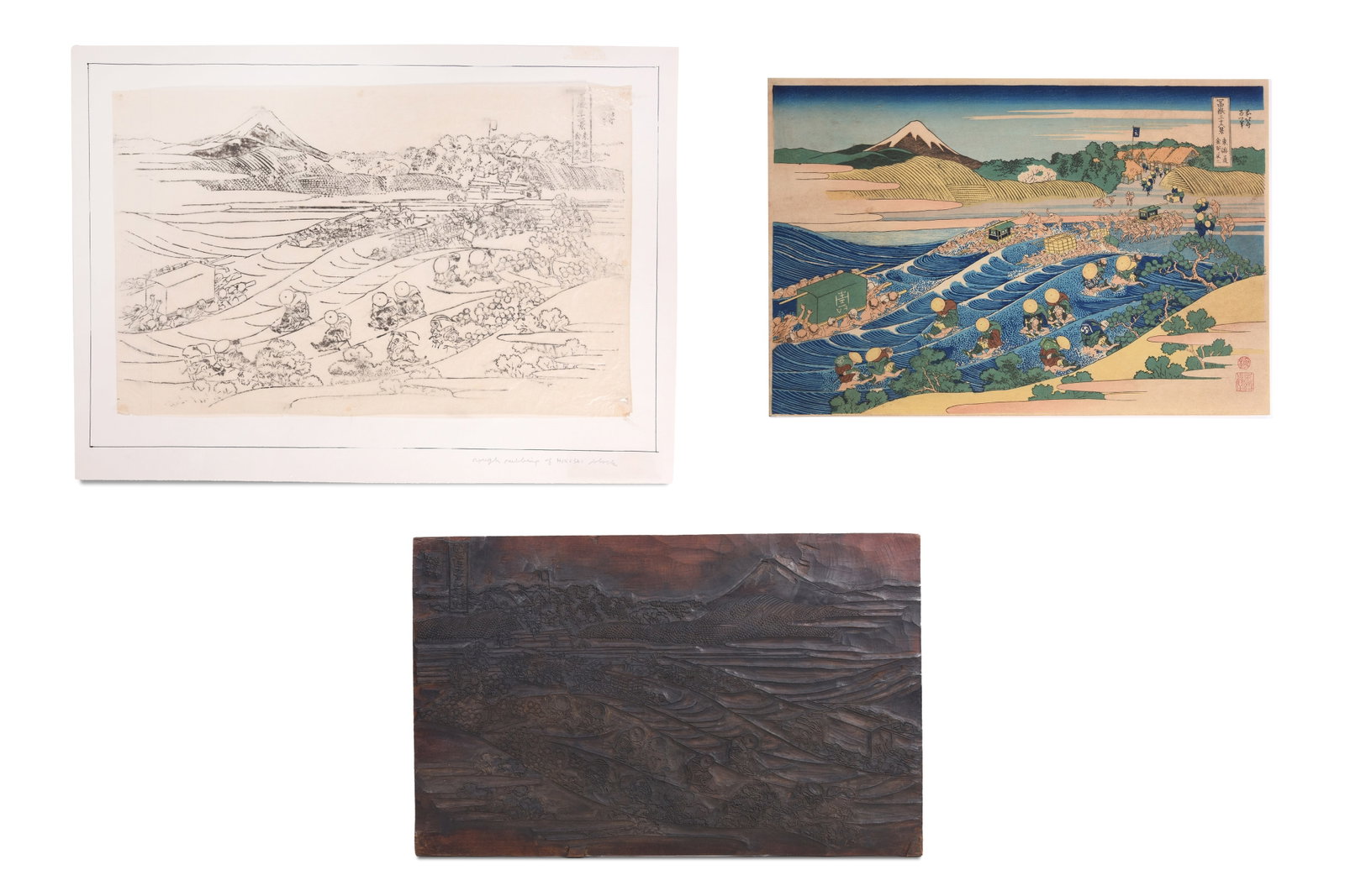 TA 5% Vat. A CARVED JAPANESE WOODBLOCK AND TWO PRINTS 19th / 20th century: A CARVED JAPANESE WOODBLOCK AND TWO PRINTS 19th / 20th century Comprising a mountain cherry woodblock carved with the design by Katsushika Hokusai (1760 — 1849) titled Fuji from Kanawa on the T?kaid