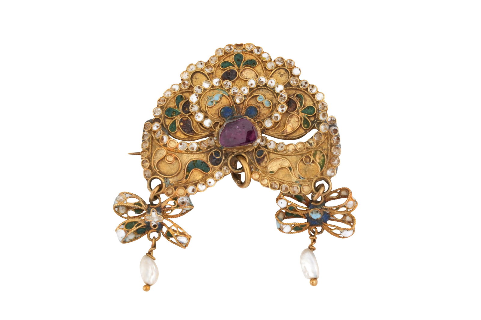 A GEM-SET CHAMPLEVÉ ENAMELLED GOLD BROOCH Possibly Georgia or Armenia, Caucasus, Ottoman Western (1 of 3)