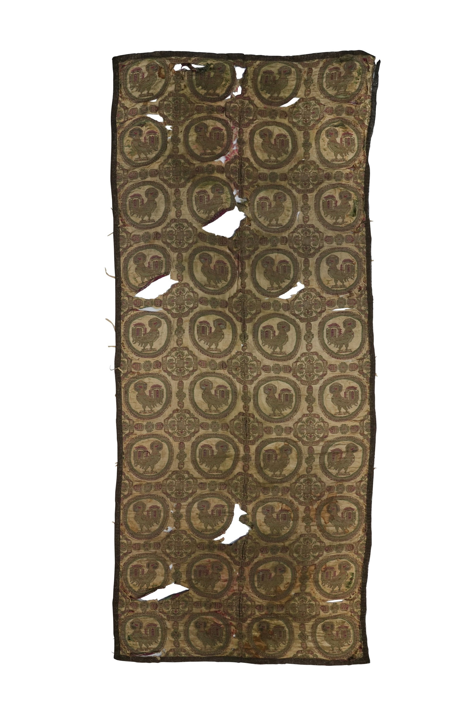 A BROCADED SOGDIAN-REVIVAL SILK HANGING WITH AVIARY MOTIF Possibly Uzbekistan, Central Asia or: A BROCADED SOGDIAN-REVIVAL SILK HANGING WITH AVIARY MOTIF Possibly Uzbekistan, Central Asia or Caucasus, 19th century The rectangular hanging of cream-coloured silk, heavily brocaded in green and mage