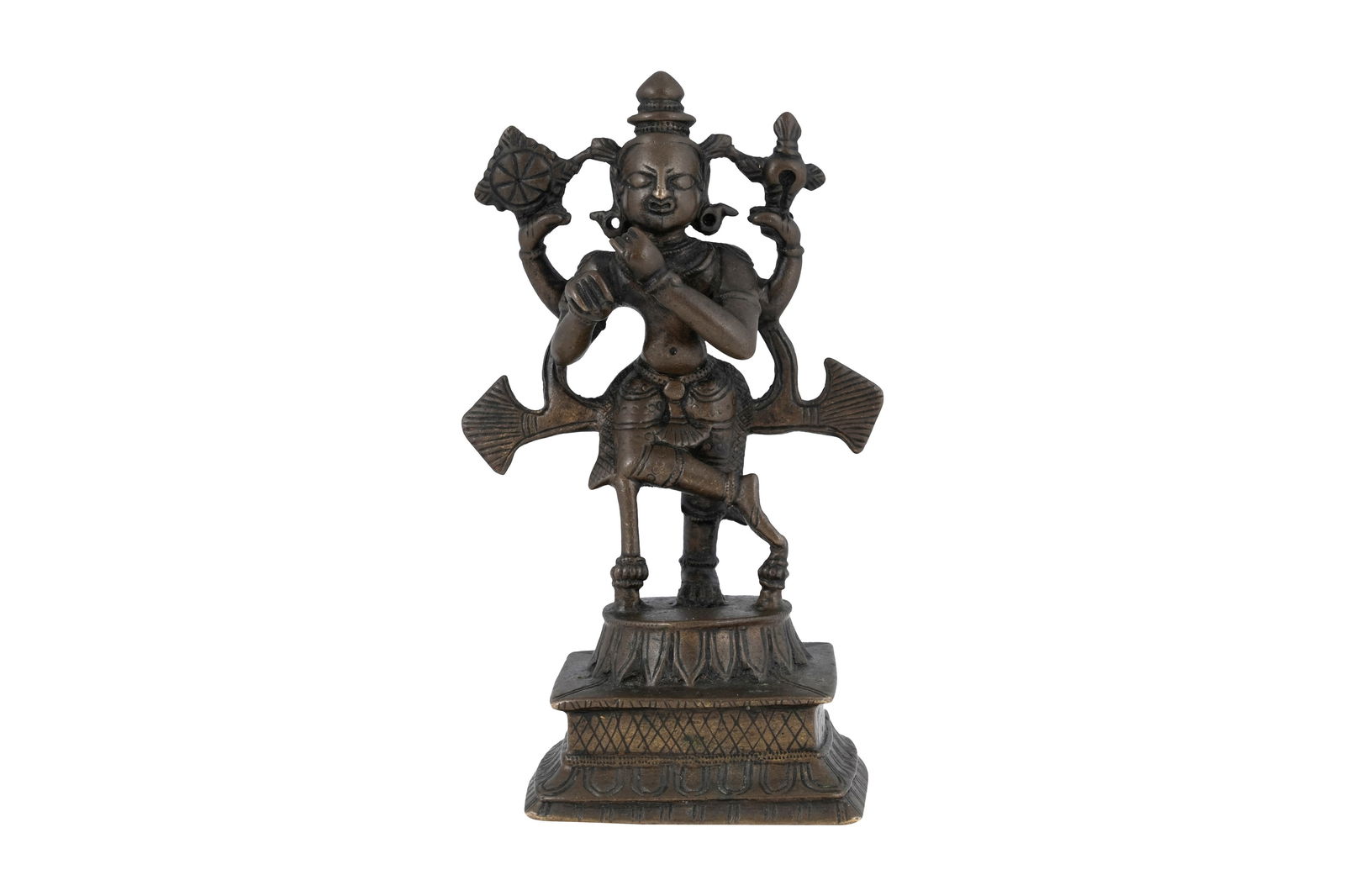 A BRONZE FIGURINE WITH KRISHNA PLAYING THE FLUTE Possibly Bengal or Kashmir, Himalayan Foothills, (1 of 4)