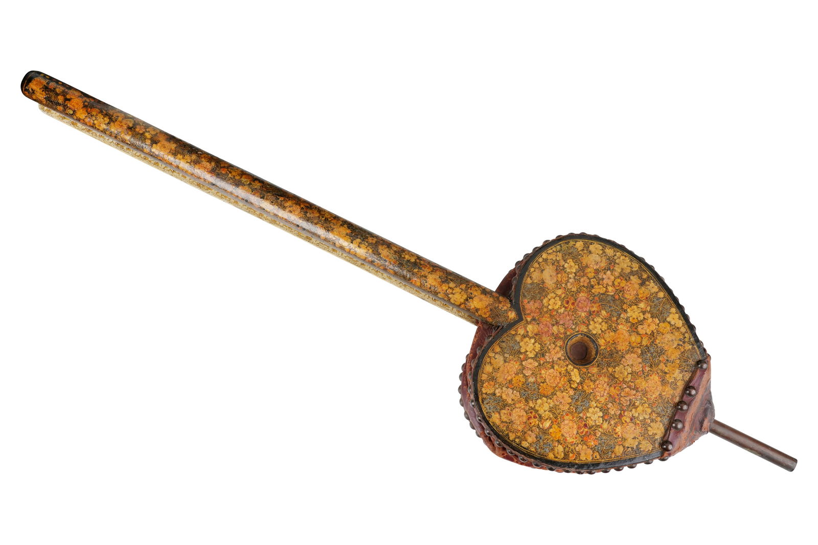 A LARGE KASHMIRI GILT, POLYCHROME-PAINTED AND LACQUERED PAPIER-MÂCHÉ FIRE BELLOWS Kashmir,: A LARGE KASHMIRI GILT, POLYCHROME-PAINTED AND LACQUERED PAPIER-MÂCHÉ FIRE BELLOWSKashmir, Northern India, mid to late 19th century With a heart-shaped head lined on the sides with red-dyed leather a