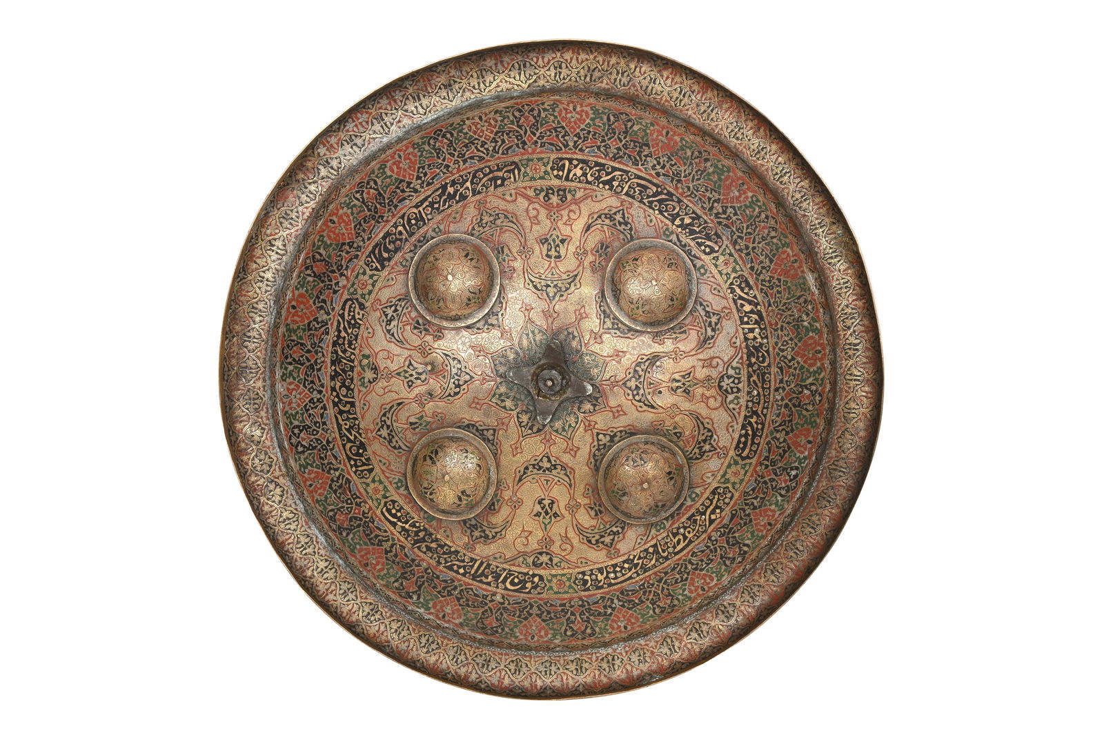 A KASHMIRI ENGRAVED AND POLYCHROME ENAMELLED BRASS SHIELD (DHAL) Kashmir, Northern India, dated 1302 (1 of 4)
