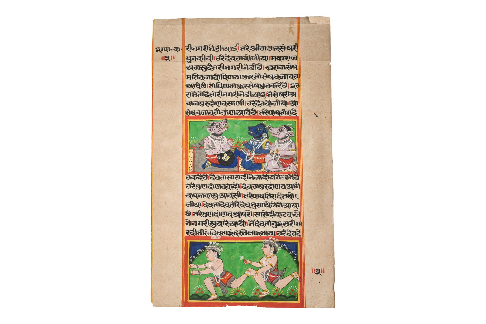 A LOOSE ILLUSTRATED FOLIO FROM A HINDU MANUSCRIPT ON EPICS AND GODS' QUALITIES Possibly Jodhpur or: A LOOSE ILLUSTRATED FOLIO FROM A HINDU MANUSCRIPT ON EPICS AND GODS' QUALITIESPossibly Jodhpur or Jaipur, Rajasthan, North-Western India, 19th century Opaque pigments heightened with silver and gold o