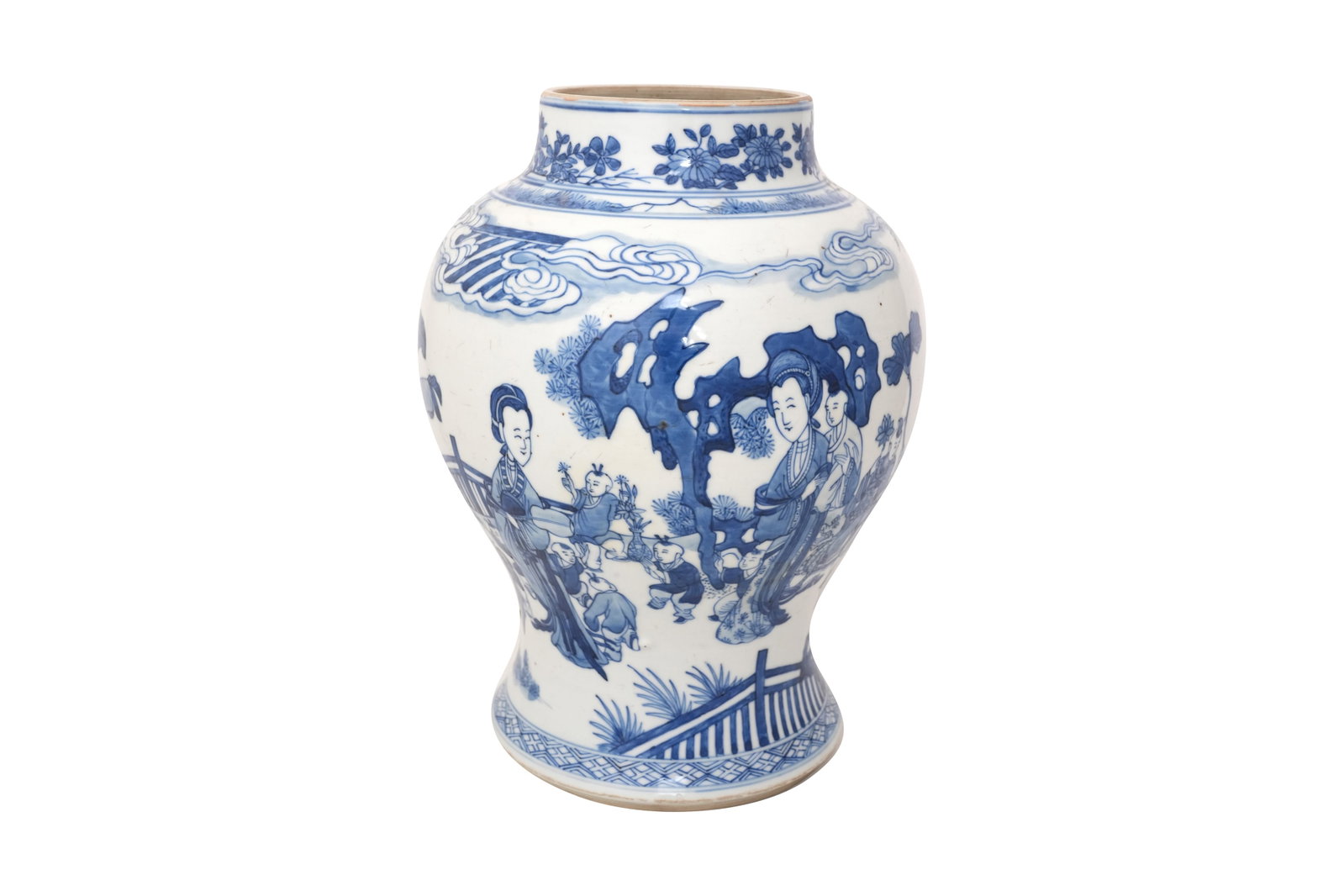 A CHINESE BLUE AND WHITE 'LADIES AND BOYS' BALUSTER VASE Qing dynasty, 18th century: A CHINESE BLUE AND WHITE 'LADIES AND BOYS' BALUSTER VASE Qing dynasty, 18th century Painted with four young ladies attending a group of playful boys in a garden, some playing games, others reading boo
