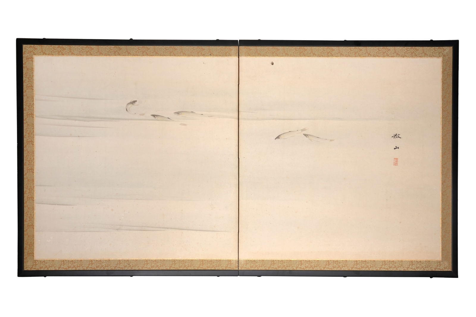 MORI TETSUZAN (1775 – 1841) Edo period, early 19th century: MORI TETSUZAN (1775 – 1841) Edo period, early 19th century A small two-fold screen, ink and colour on paper, painted with afive small fish in a vast body of water, signed Tetsuzan and with a dou