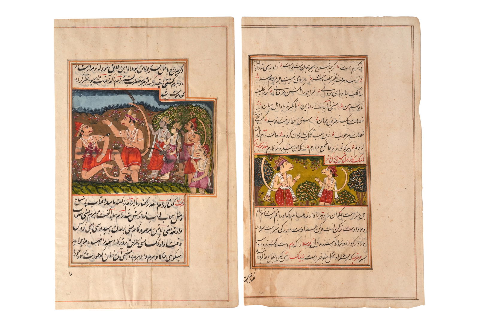 TWO ILLUSTRATED LOOSE FOLIOS FROM A TRANSLATED RAMAYANA MANUSCRIPT Possibly Jammu, Kashmir or: TWO ILLUSTRATED LOOSE FOLIOS FROM A TRANSLATED RAMAYANA MANUSCRIPTPROPERTY FROM A CANADIAN COLLECTIONPossibly Jammu, Kashmir or Lahore, Northern India, 19th century Opaque pigm
