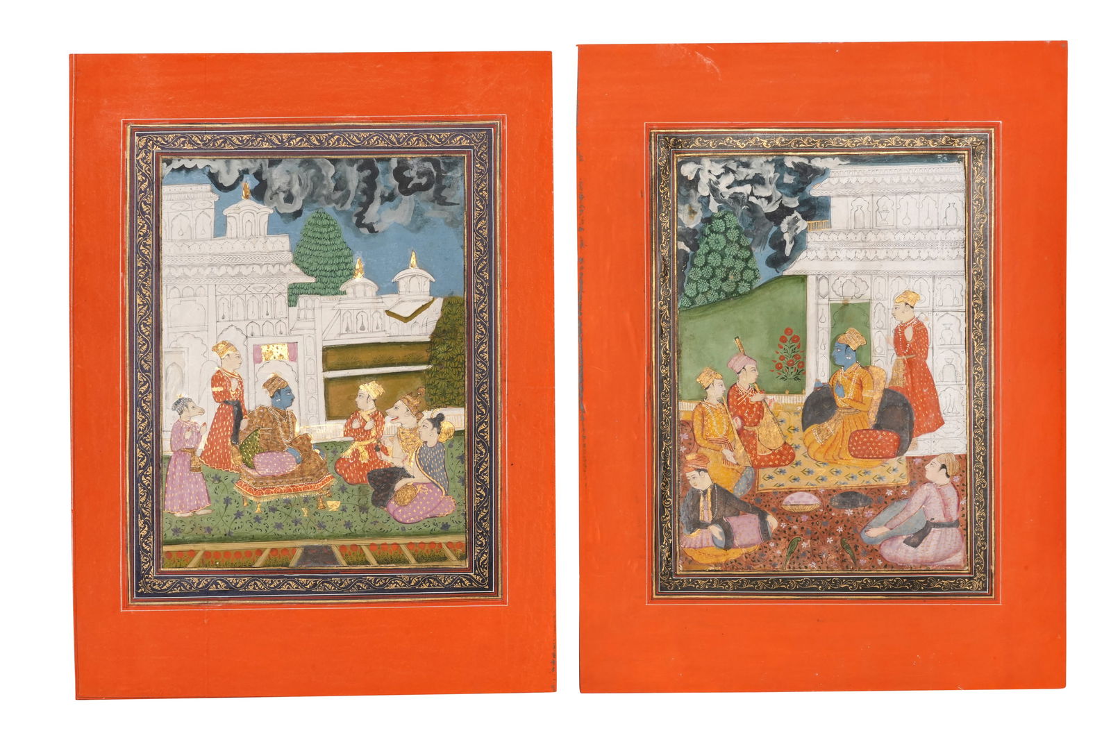 TWO ILLUSTRATED FOLIOS FROM A RAGAMALA SERIES: SHRI RAGA Possibly Bundi, Rajasthan, North-Western: TWO ILLUSTRATED FOLIOS FROM A RAGAMALA SERIES: SHRI RAGAPROPERTY FROM A CANADIAN COLLECTIONPossibly Bundi, Rajasthan, North-Western India, first half 19th century Opaque pigments heightened with gold