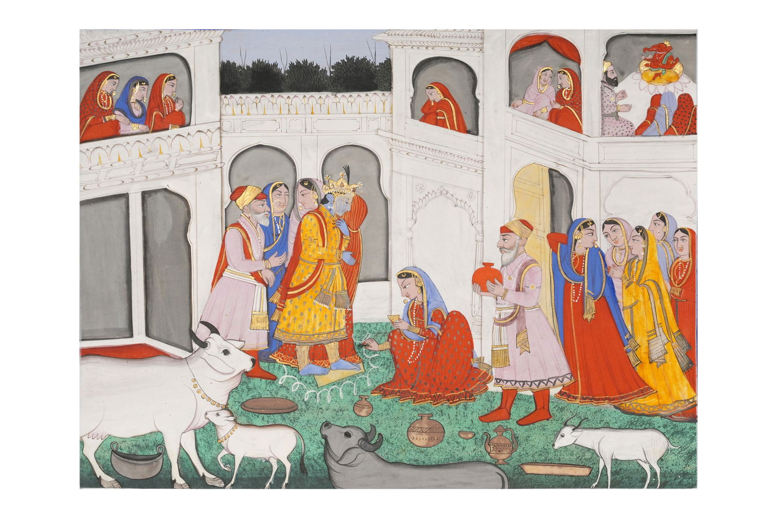 AN ILLUSTRATED FOLIO FROM A BHAGAVATA PURANA SERIES: KRISHNA AND HIS BRIDE'S SAPTAPADI CEREMONY: AN ILLUSTRATED FOLIO FROM A BHAGAVATA PURANA SERIES: KRISHNA AND HIS BRIDE'S SAPTAPADI CEREMONYPROPERTY FROM A CANADIAN COLLECTIONKangra, Pahari Hills, Himachal Pradesh, Northern India, ca. 1840s - 18