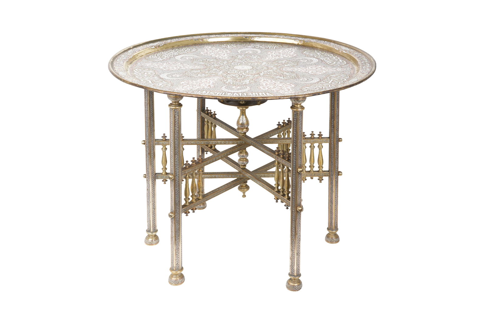 A MAMLUK-REVIVAL DAMASCUS-WARE SILVER AND COPPER-INLAID BRASS OCCASIONAL TABLE Damascus, Ottoman (1 of 9)