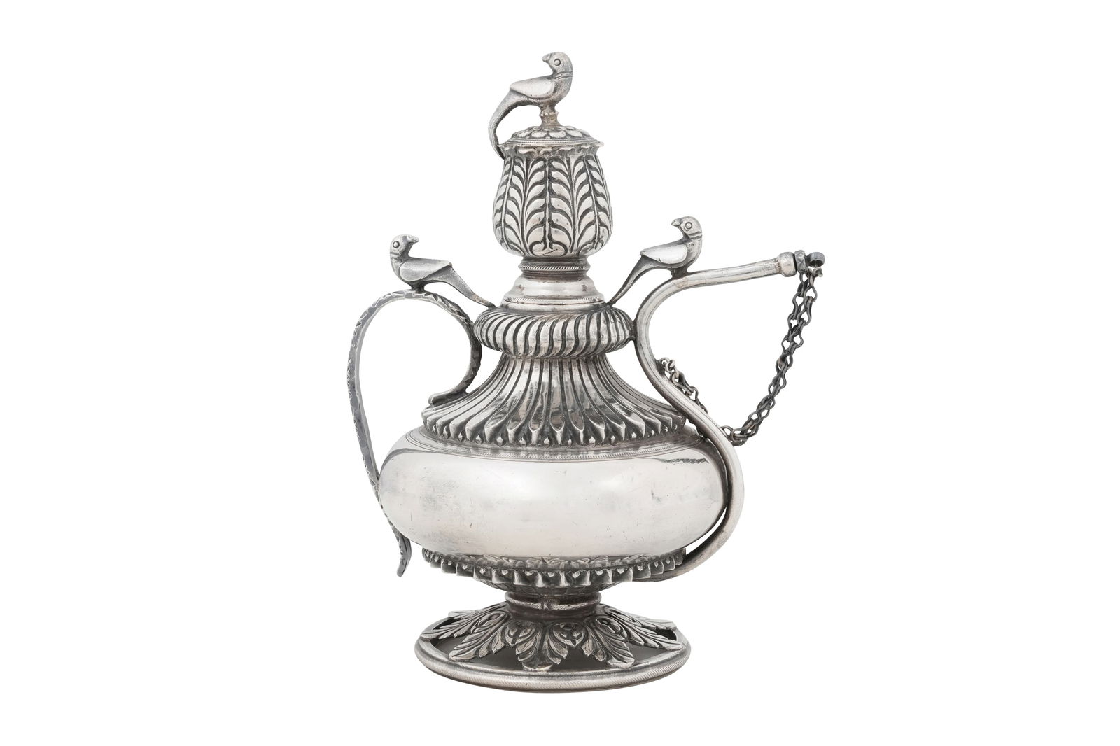 AN INDIAN SILVER WINE OR SPIRIT FLASK (CHUSKI) Rajasthan, India, 19th century: AN INDIAN SILVER WINE OR SPIRIT FLASK (CHUSKI)Rajasthan, India, 19th century Of bulbous shape with a flaring ribbed neck, the piece featuring three finials in the shape of styl