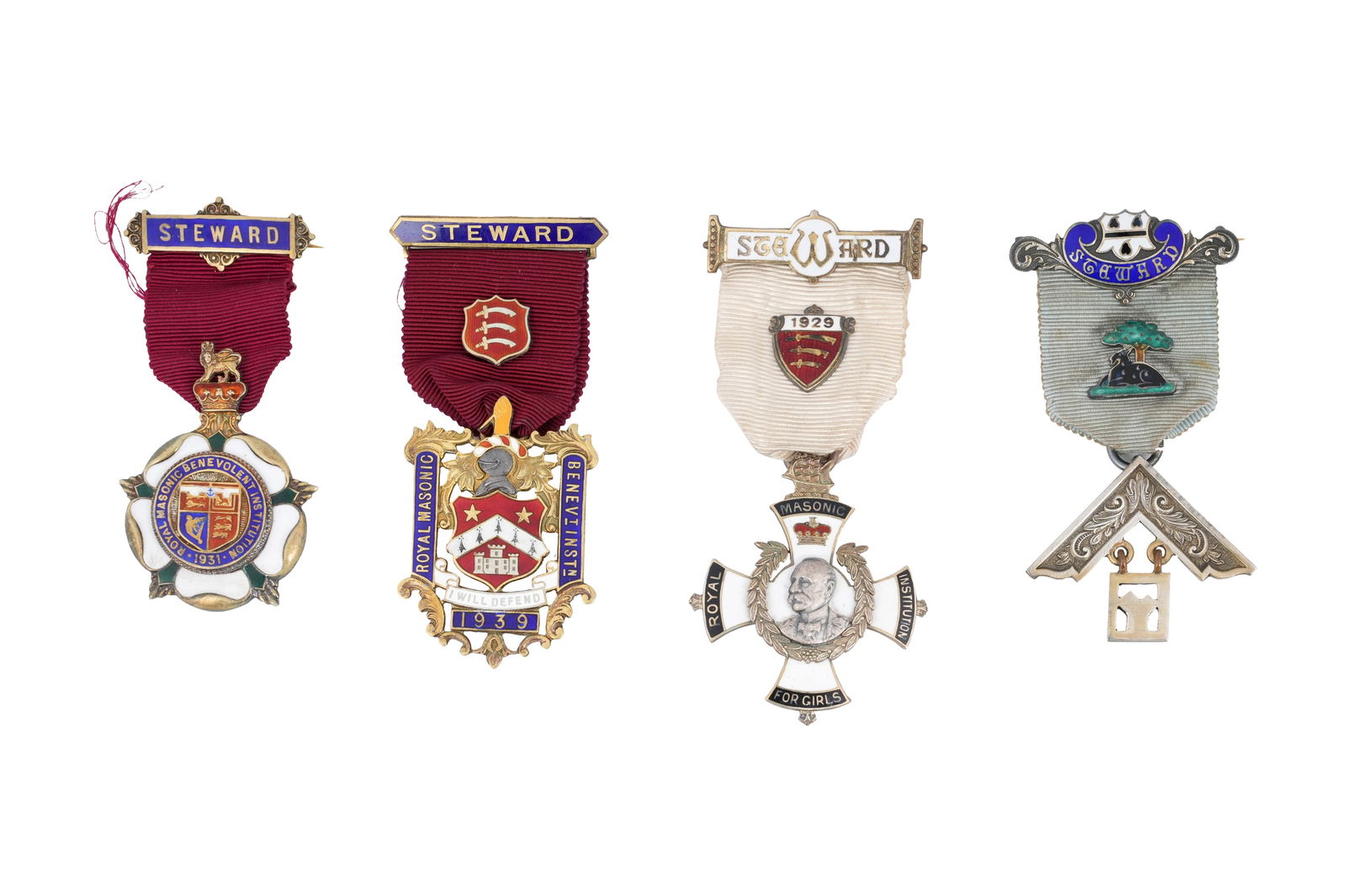 FOUR SILVER AND ENAMEL FREEMASONIC MEDALS, WITH RIBBONS, LONDON AND BIRMINGHAM. Early to mid 20th (1 of 6)