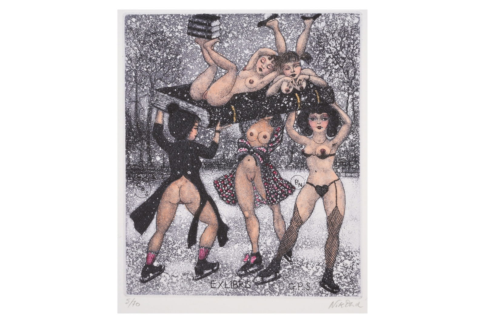 PATRICIA NIK-DAD (FRENCH-IRANIAN, b. 1951) Circa 2000: PATRICIA NIK-DAD (FRENCH-IRANIAN, b. 1951) An erotic ex-libris Circa 2000 Aquatint and etching on paper, signed and numbered 5/70 in pencil by the artist, unmounted. 19.5cm x 17cm