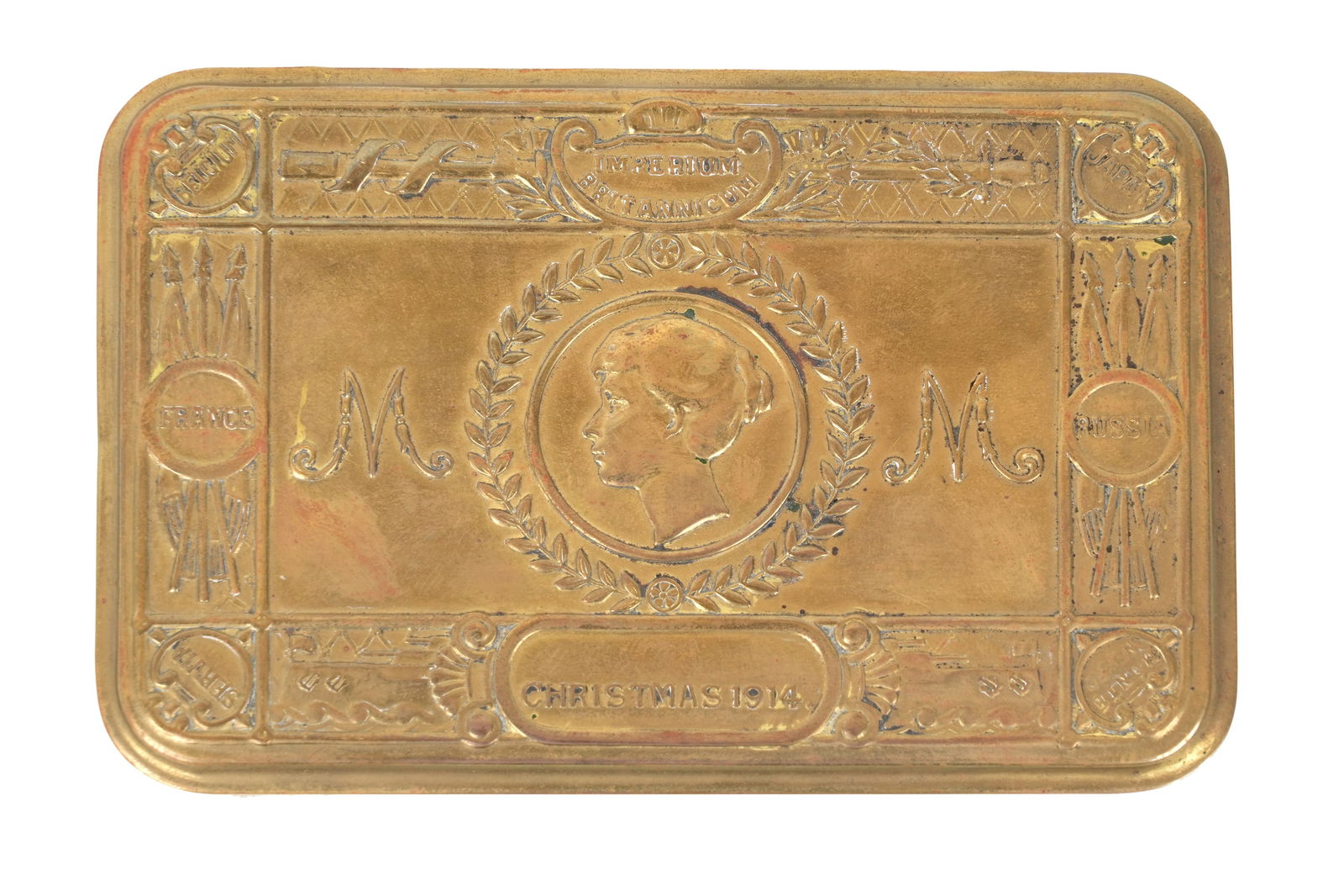 A WWI CHASED BRASS CHRISTMAS BOX WITH PRINCESS MARY'S PORTRAIT England, 1914 (1 of 5)