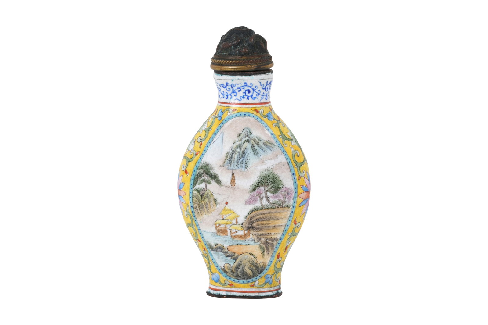 A CHINESE YELLOW-GROUND ENAMELLED SNUFF BOTTLE Late 19th century: A CHINESE YELLOW-GROUND ENAMELLED SNUFF BOTTLE Late 19th century The almond-shaped body finely painted with pavilions and figures in a montainous landscape reserved on a yellow ground decorated with l