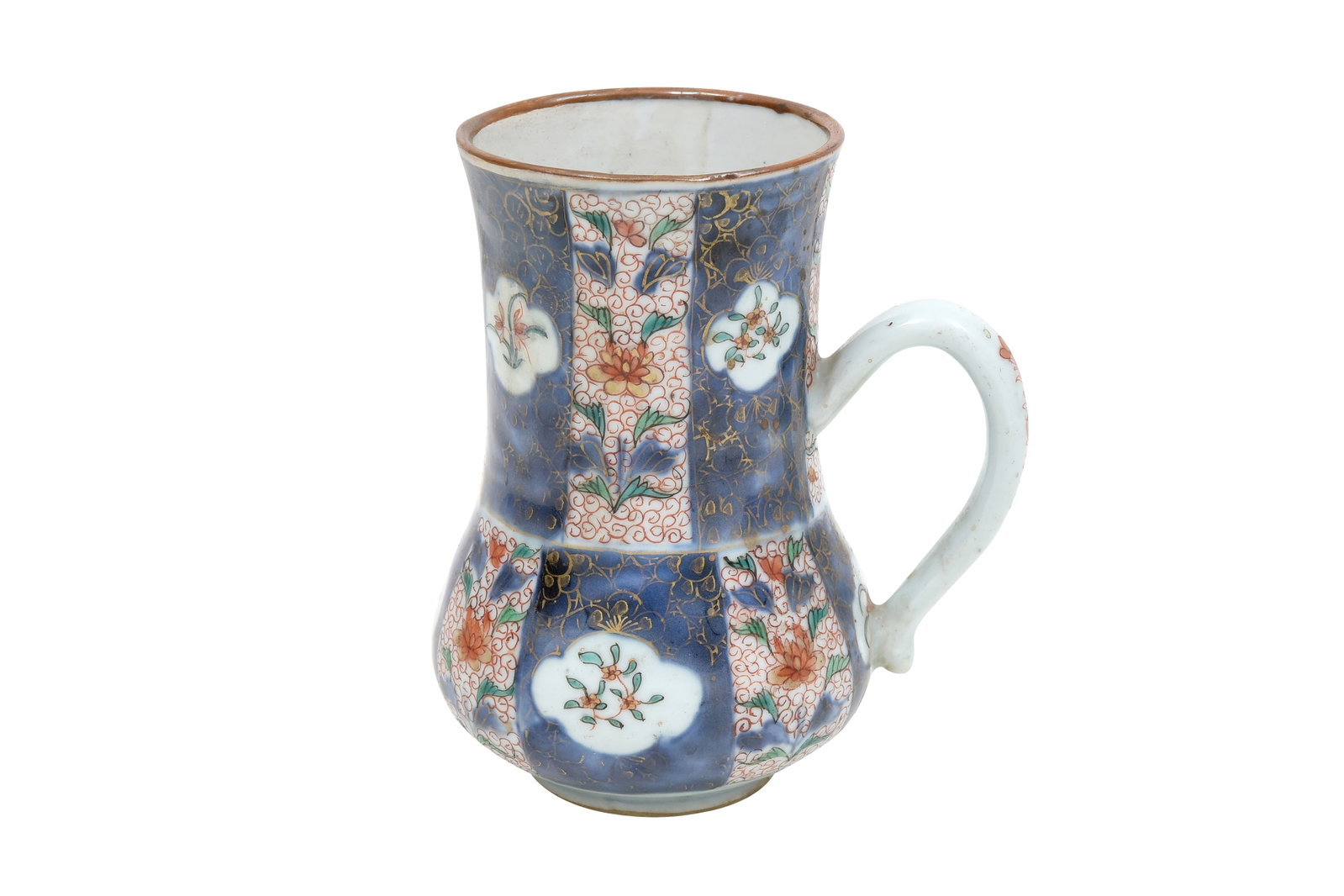 AN ENAMELLED IMARI POTTERY MUG Japan, Edo period, made for the export market, 18th century: AN ENAMELLED IMARI POTTERY MUG Japan, Edo period, made for the export market, 18th century With an ovoid body beneath a tall flared rim, applied with a curved handle, painted in polychrome enamels and