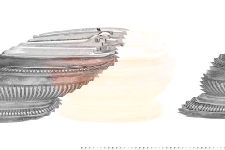 A RONSON QUEEN ANNE SILVER-PLATED TABLE LIGHTER England, circa 1950s: A RONSON QUEEN ANNE SILVER-PLATED TABLE LIGHTER England, circa 1950s Of classic ovoid form, with a silver-plated finish, the design including a pearl-like bead motif around the middle and a