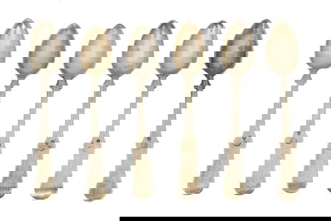 A SET OF SIX OTTOMAN EMPIRE SPOONS 19th - 20th century: A SET OF SIX OTTOMAN EMPIRE SPOONS 19th - 20th century With stems tapering out into a cusp, the handles terminating with a rounded end stamped to the front with Tughra and Sah marks from the