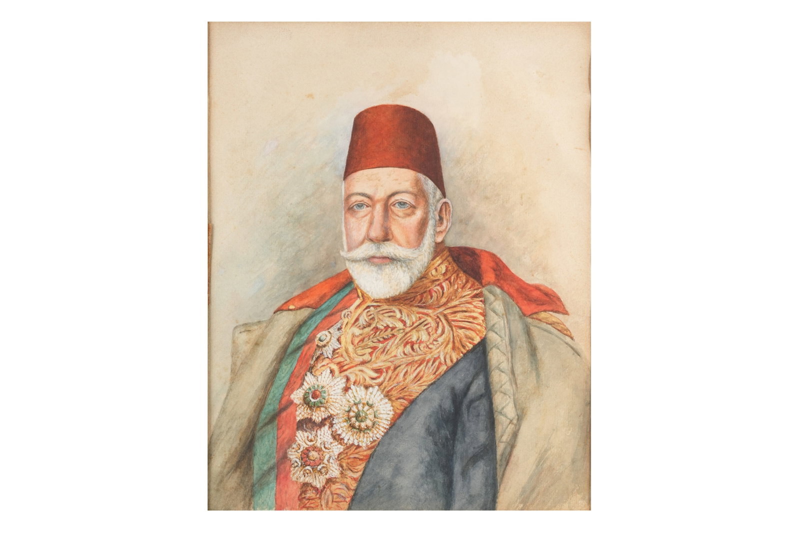 A PORTRAIT OF THE OTTOMAN SULTAN MEHMED V REŞAD (r. 1909 - 1918) Possibly Ottoman Turkey or Fra: A PORTRAIT OF THE OTTOMAN SULTAN MEHMED V REŞAD (r. 1909 - 1918) Possibly Ottoman Turkey or France, early 20th century Polychrome gouache on paper, depicting the penultimate sultan of the Ottoman
