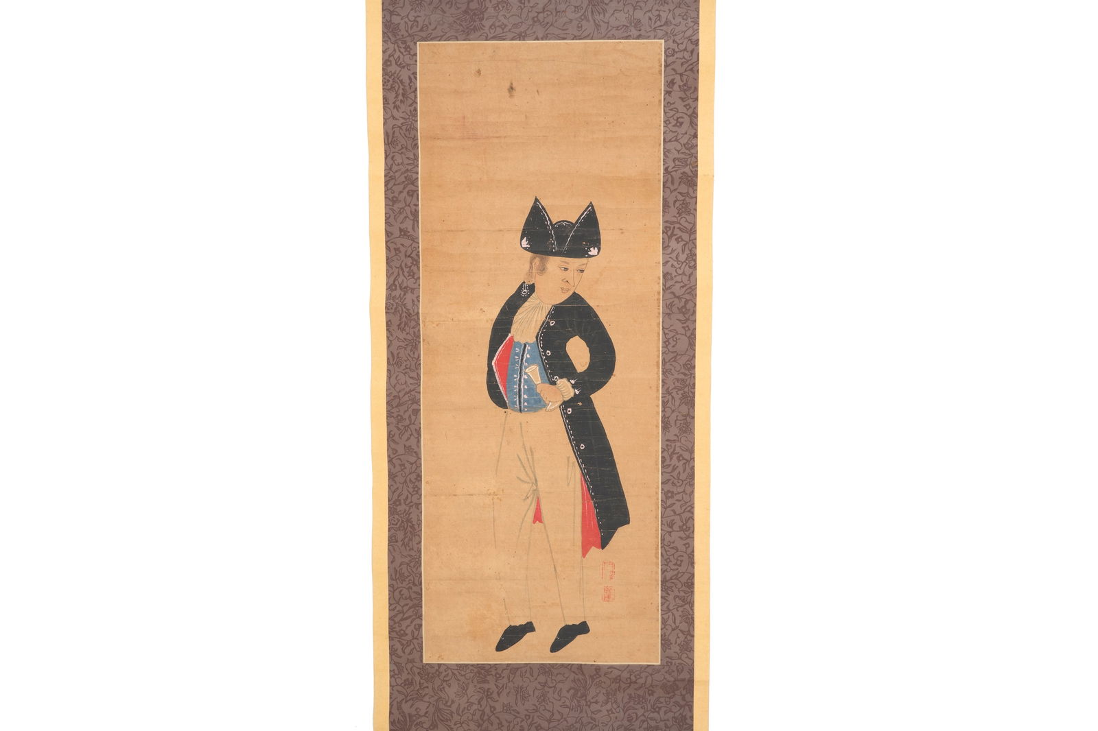 A NAGASAKI SCHOOL SCROLL PAINTING OF A HOLLANDERA NAGASAKI SCHOOL SCROLL PAINTING OF A HOLLANDER Edo: A NAGASAKI SCHOOL SCROLL PAINTING OF A HOLLANDER Edo period, 18th / 19th century A Japanese hanging scroll painting, kakejiku in ink and colour on paper, depicting a Westerner wearing a blue waistcoat
