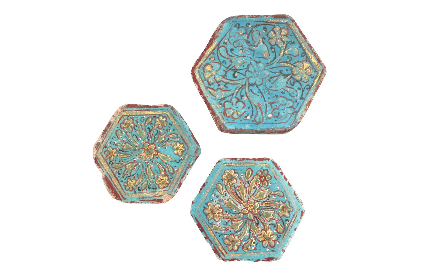 THREE HEXAGONAL LAJVARDINA GILDED TILES Ilkhanid Iran, second half 13th - early 14th century (1 of 3)
