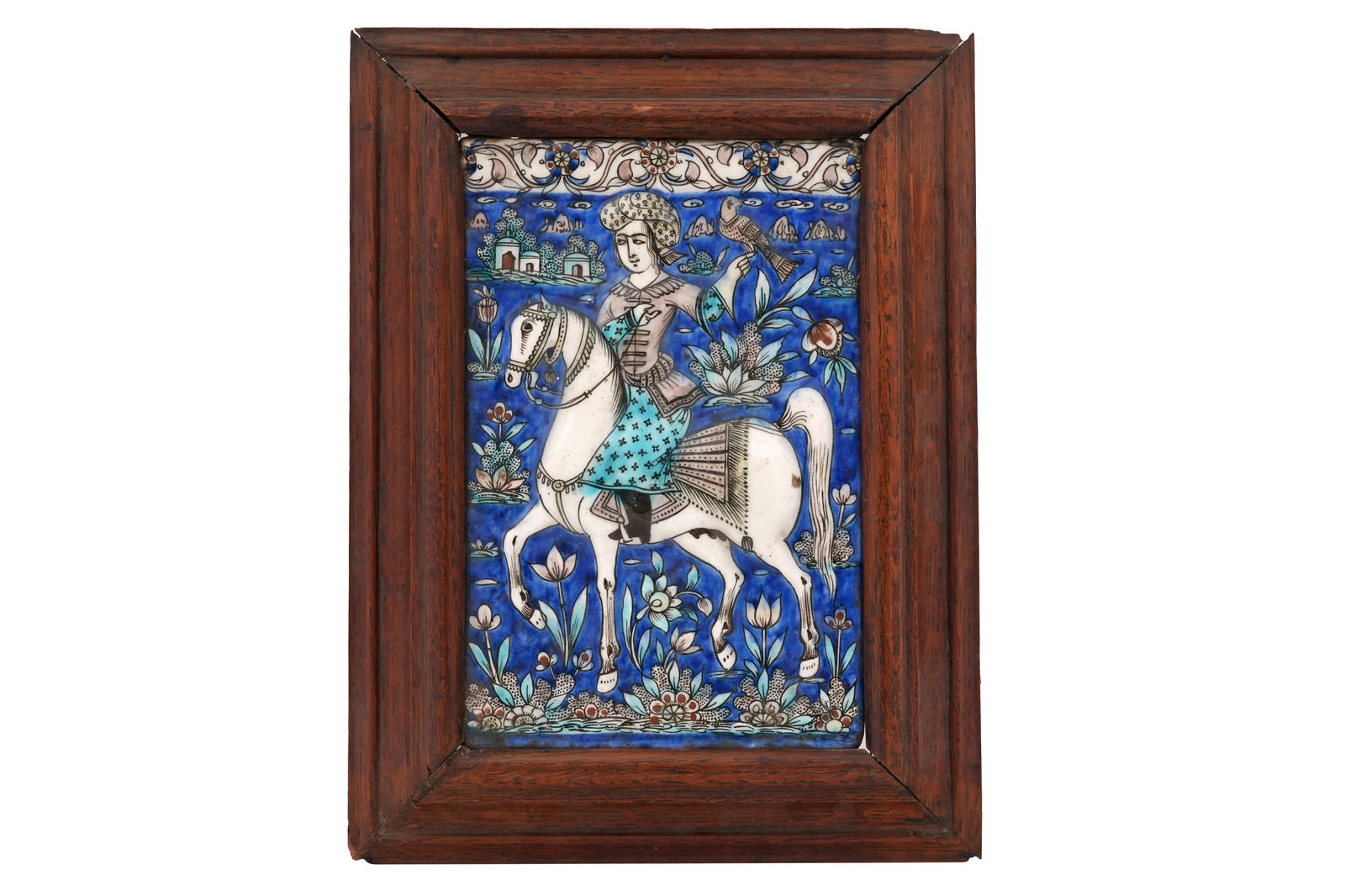 V A QAJAR POTTERY TILE OF A FALCONER ON HORSEBACK Qajar Iran, 19th century (1 of 3)