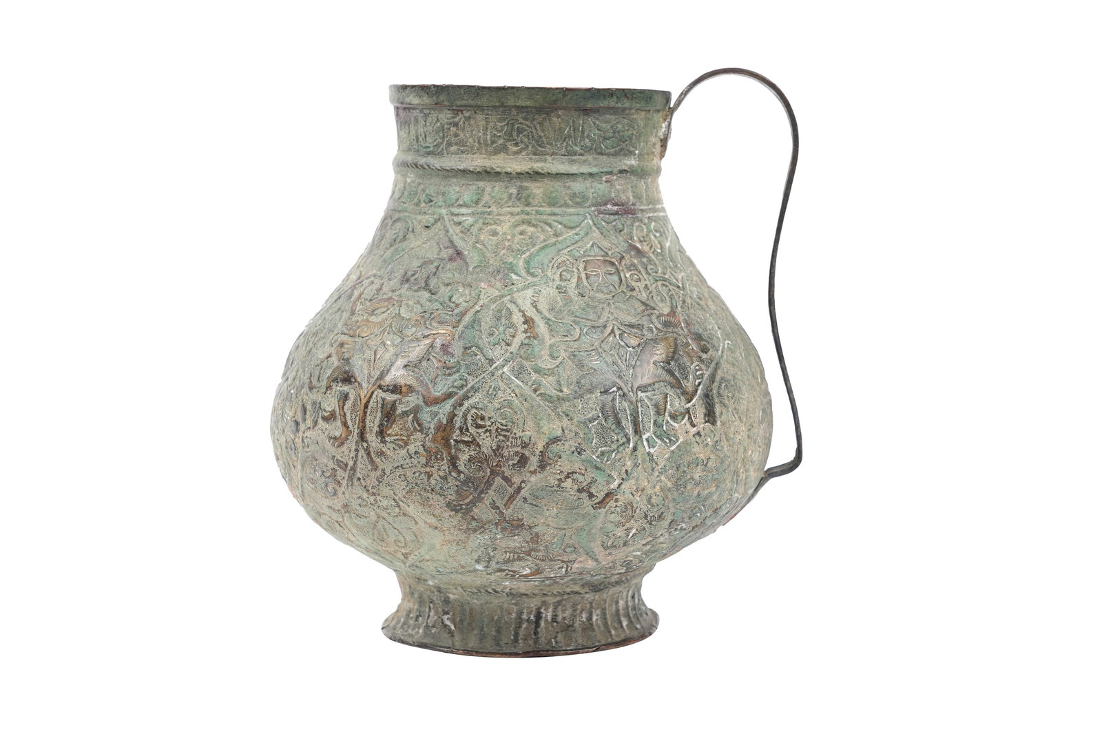 AN EMBOSSED COPPER JUG WITH MYTHICAL CREATURES AND KUFIC CALLIGRAPHY Seljuk Iran or Anatolia,: AN EMBOSSED COPPER JUG WITH MYTHICAL CREATURES AND KUFIC CALLIGRAPHY Seljuk Iran or Anatolia, 12th-13th century AN EMBOSSED COPPER JUG WITH MYTHICAL CREATURES AND KUFIC CALLIGRAPHYSeljuk Iran or Anato