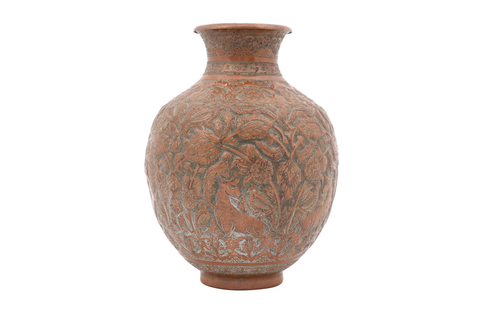 A PERSIAN COPPER VASE Iran, late 19th century: A PERSIAN COPPER VASE Iran, late 19th century A PERSIAN COPPER VASEIran, late 19th century Resting on a disc foot, with a wide globular body and an hourglass-shaped neck with an everted rim. The surfa