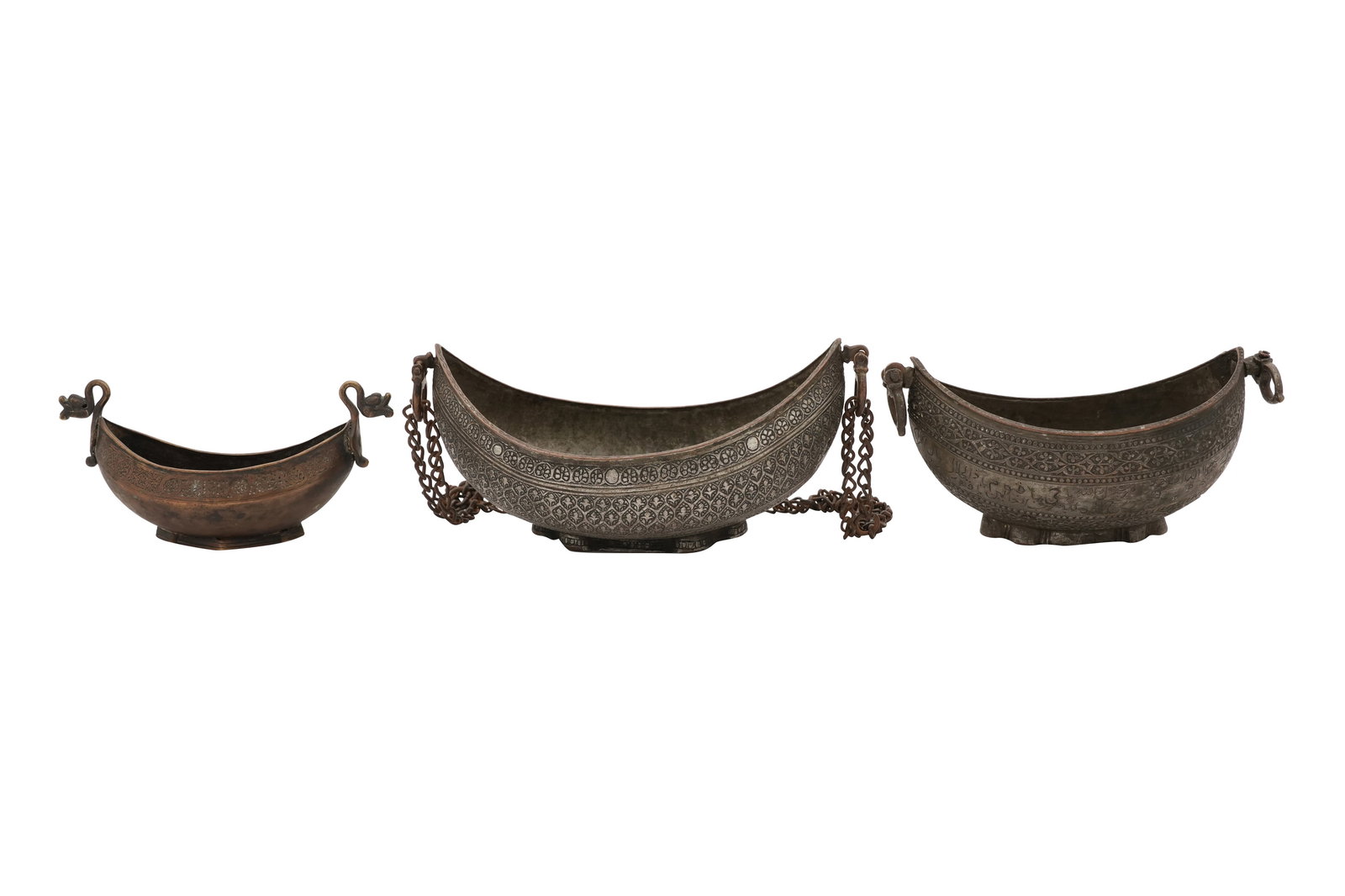 A GROUP OF THREE METAL BEGGING BOWLS (KASHKULS) Iran and Central Asia, 19th-20th century (1 of 13)