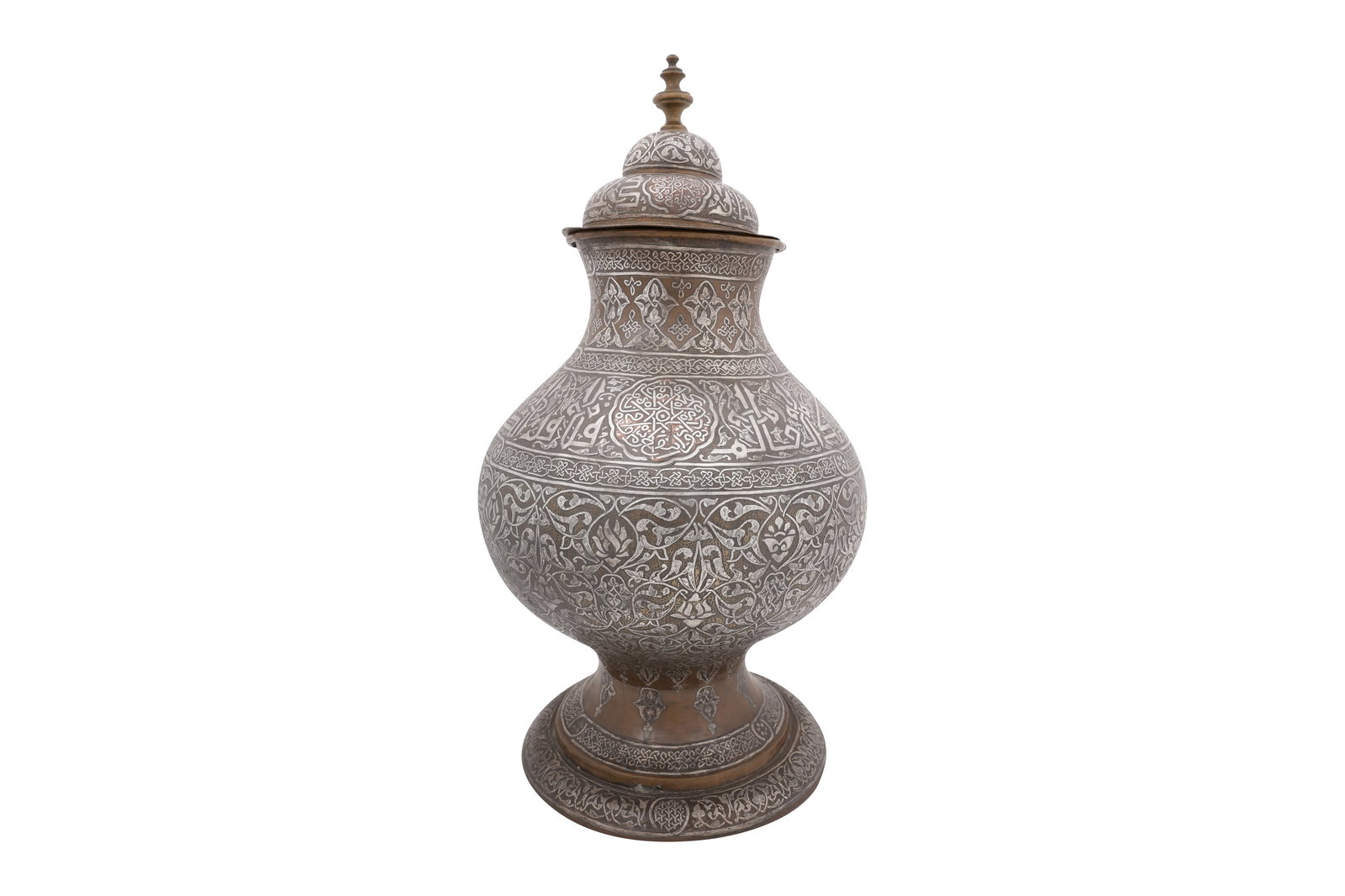 A LARGE DAMASCUS SILVER INLAID BRASS LIDDED VASE Syria, 19th century (1 of 7)