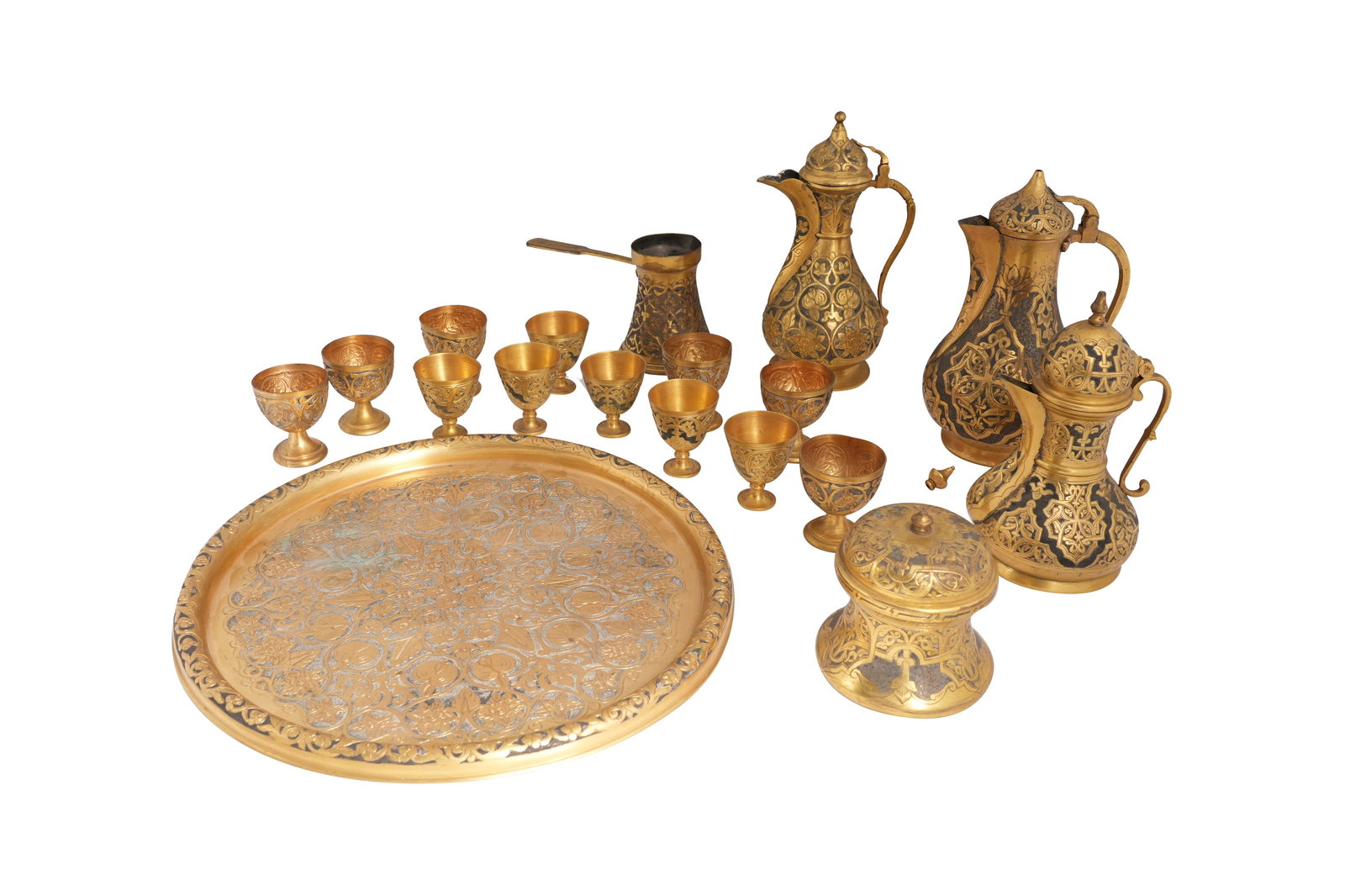A GILT COPPER TEAPOT AND COFFEE SET IN THE OTTOMAN TASTE Turkey, 20th century: A GILT COPPER TEAPOT AND COFFEE SET IN THE OTTOMAN TASTE Turkey, 20th century A GILT COPPER TEAPOT AND COFFEE SET IN THE OTTOMAN TASTETurkey, 20th century Comprising eighteen items: a tray, three pots