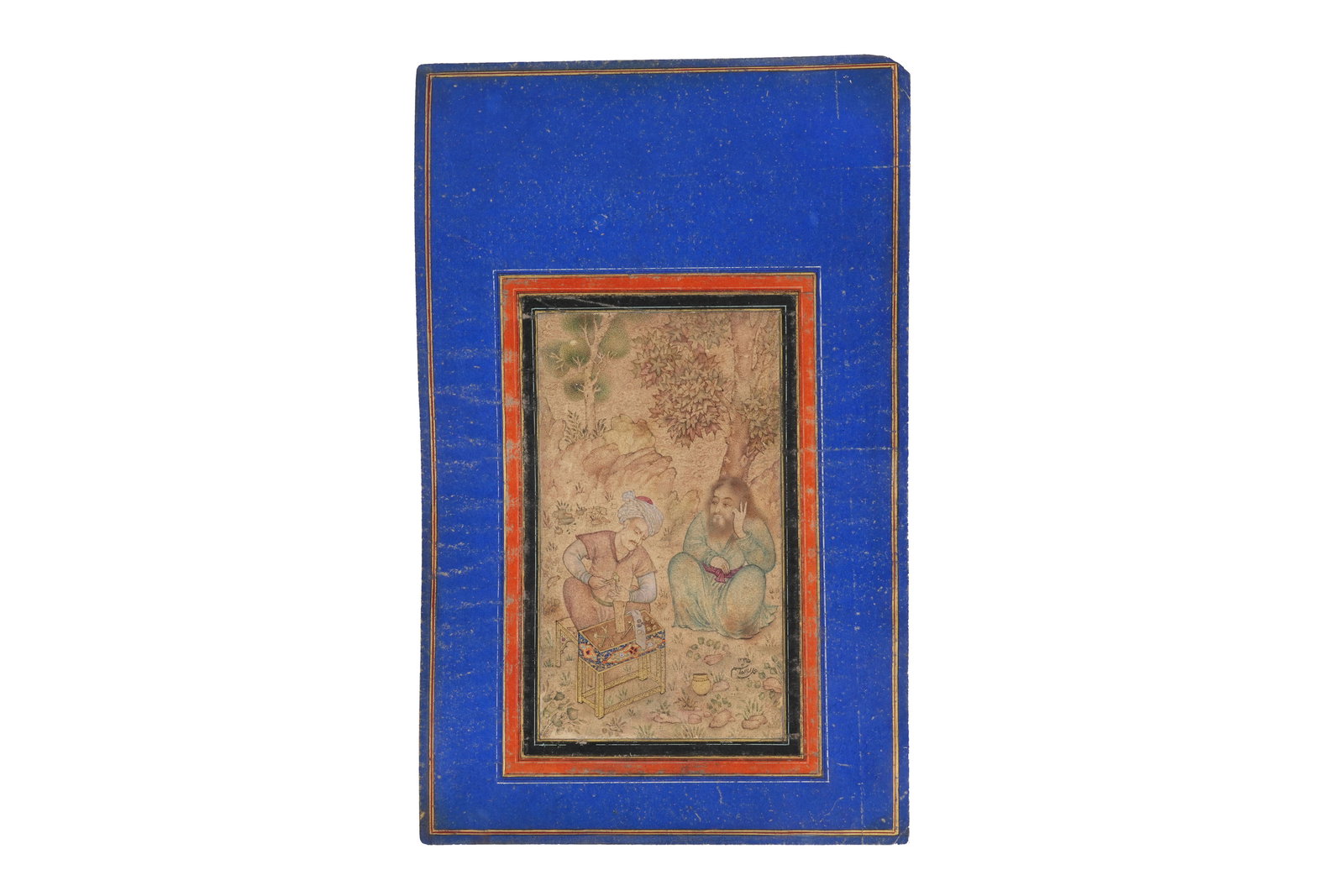 A QAJAR MINIATURE DEPICTING A DERVISH WATCHING A STAMP MAKER Qajar Iran, 1235 AH (1820 AD) (1 of 3)