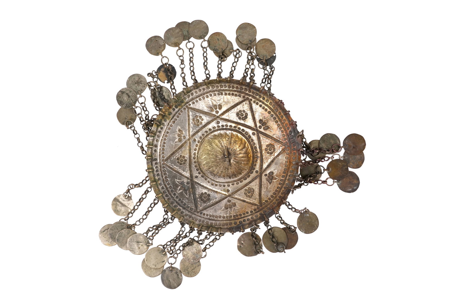 AN OTTOMAN BRIDAL HEADDRESS WITH STAR OF DAVID MOTIF AND COINS Possibly Palestine, Syria or Lebanon, (1 of 3)