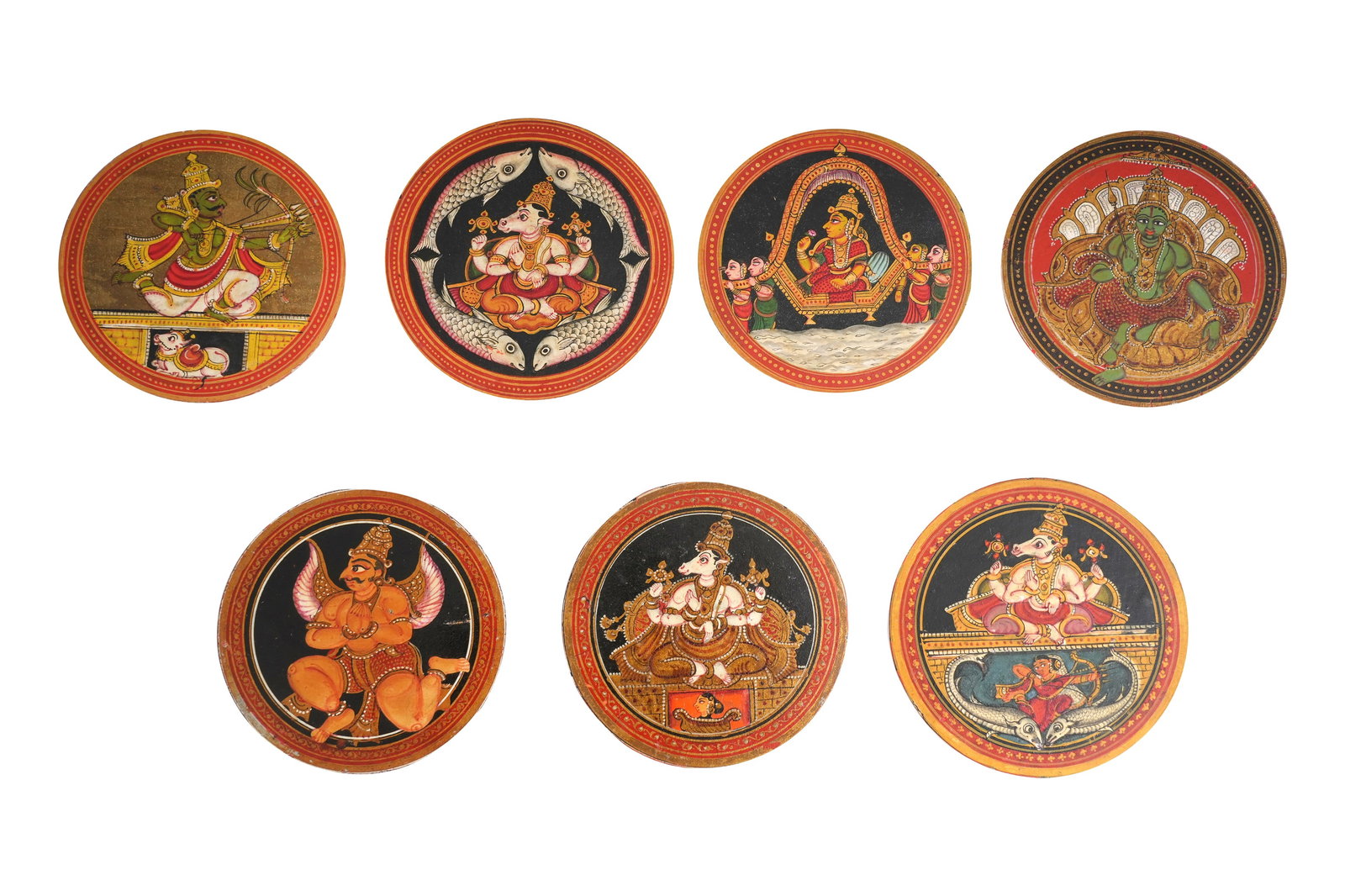 SEVEN LACQUERED PAPIER-MÂCHE PLAYING CARDS FROM A DASHAVATARA GANJIFA SET India, 19th century (1 of 3)
