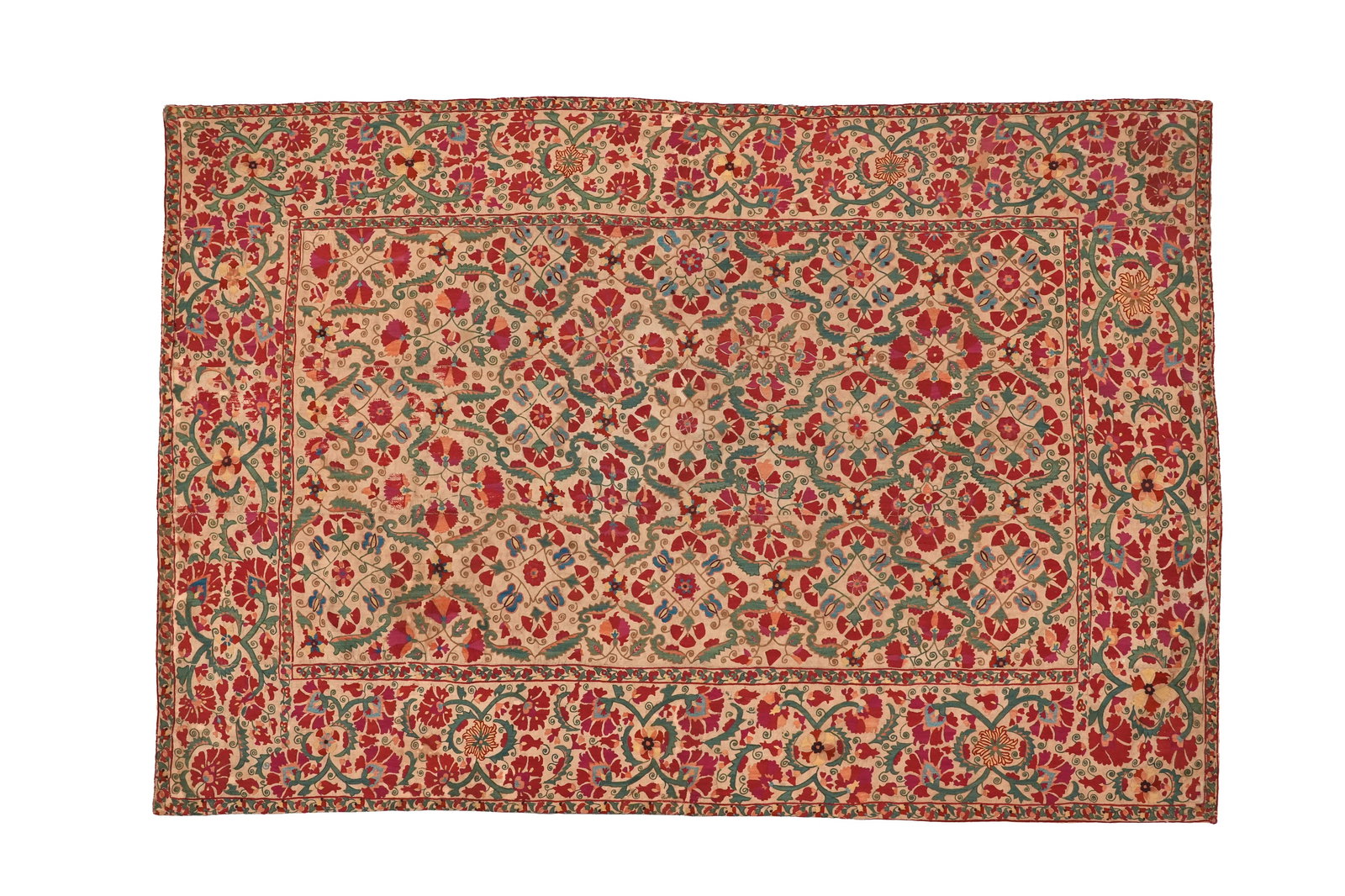 A SUZANI SILK EMBROIDERED LINEN PANEL Bukhara, Uzbekistan, c.1880 (1 of 8)